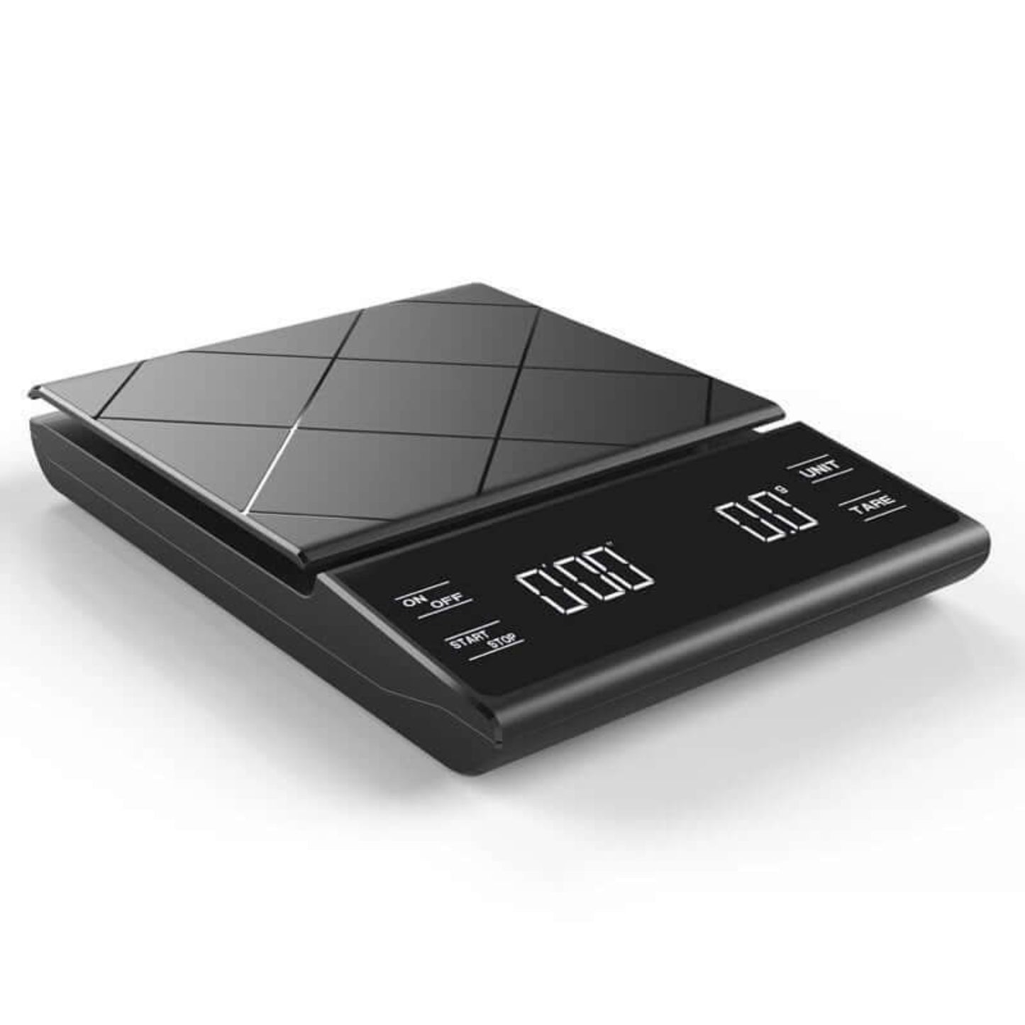 Black digital coffee scale with timer and LED display, perfect for pour over and baking.
