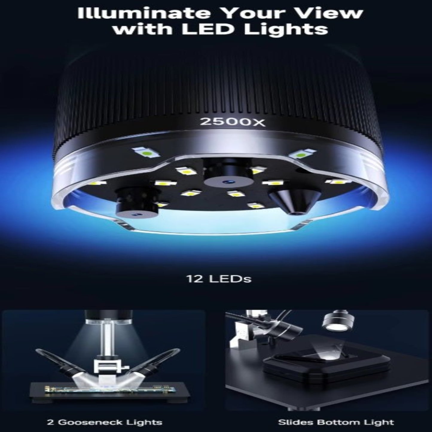 2500X digital microscope with LED illumination and gooseneck lights for enhanced viewing clarity.