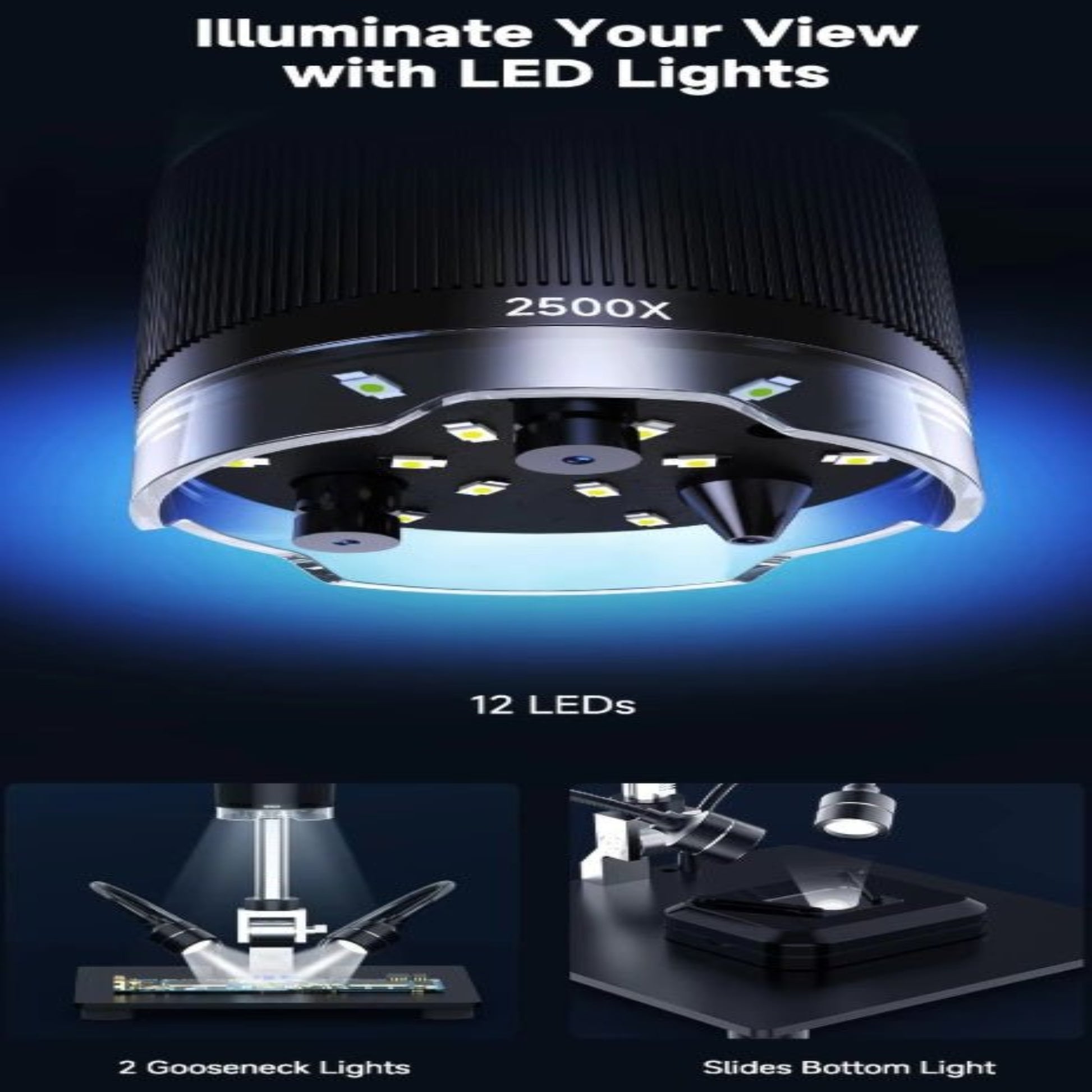 2500X digital microscope with LED illumination and gooseneck lights for enhanced viewing clarity.