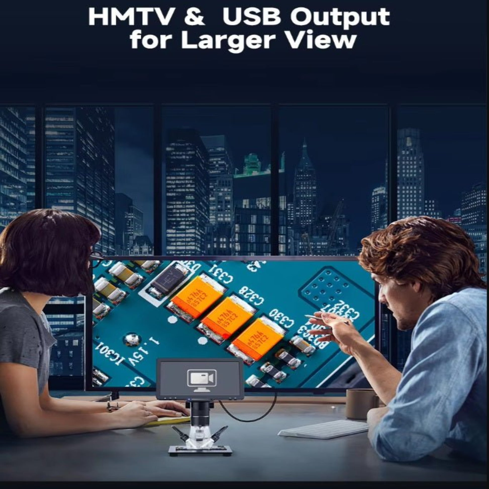 Two people using a digital microscope with HM-TV and USB output, viewing detailed circuit board on a large screen.