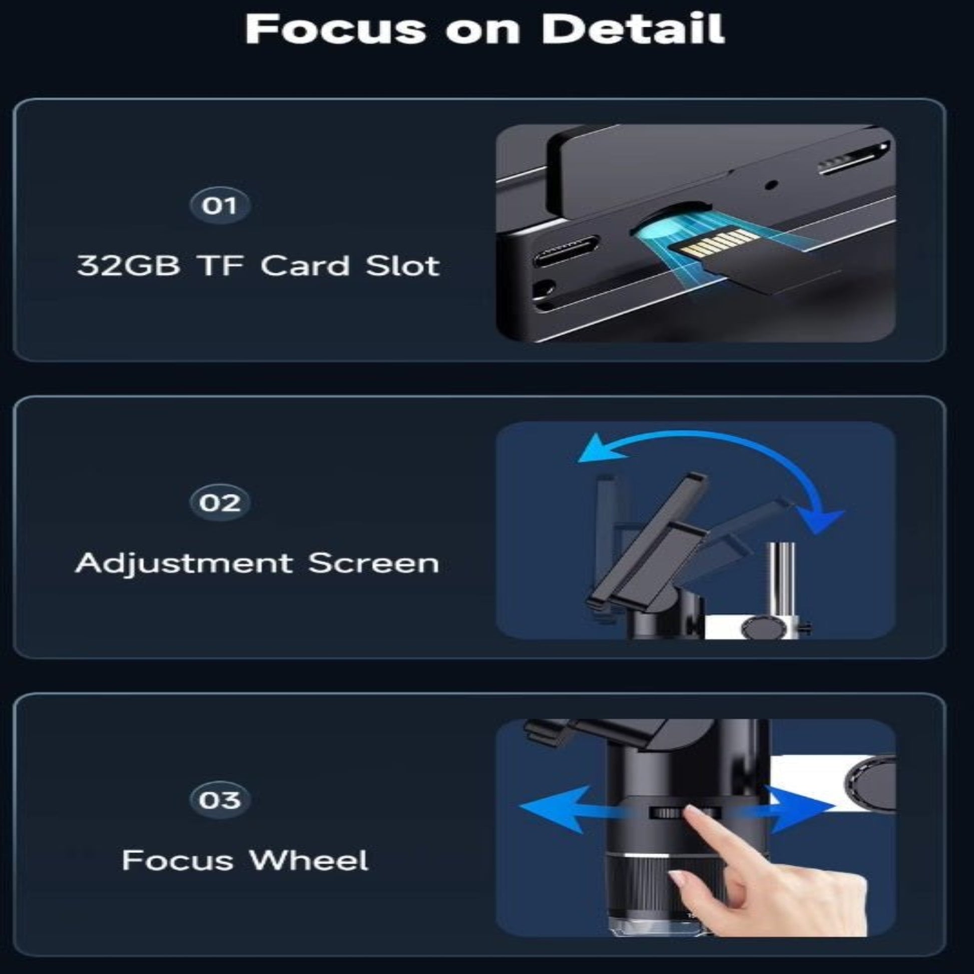 Features of the 10.1" 2K HDMI Digital Microscope: TF card slot, adjustable screen, and focus wheel.