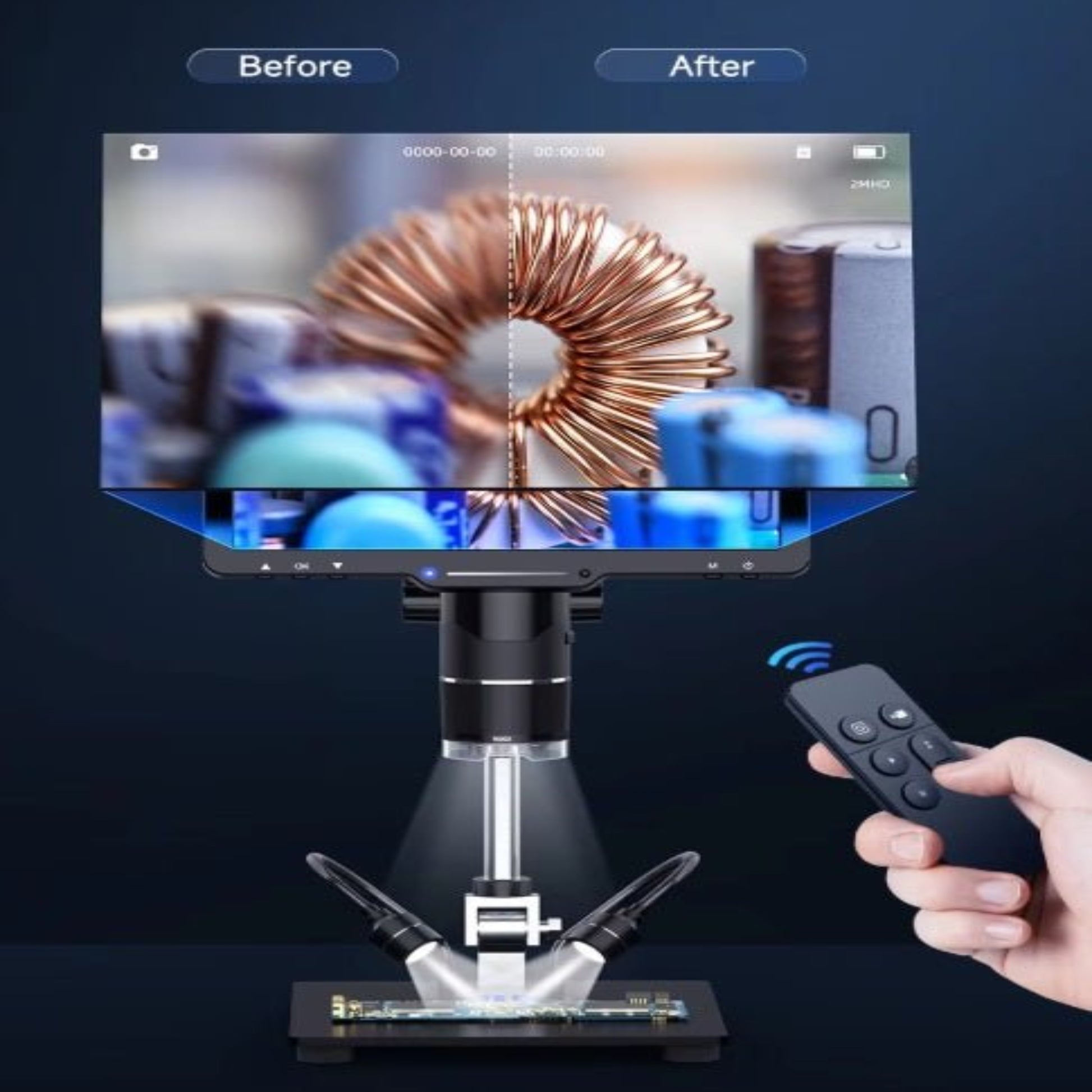 HDMI digital microscope showcasing remote control operation with zoom capabilities and before/after comparison.