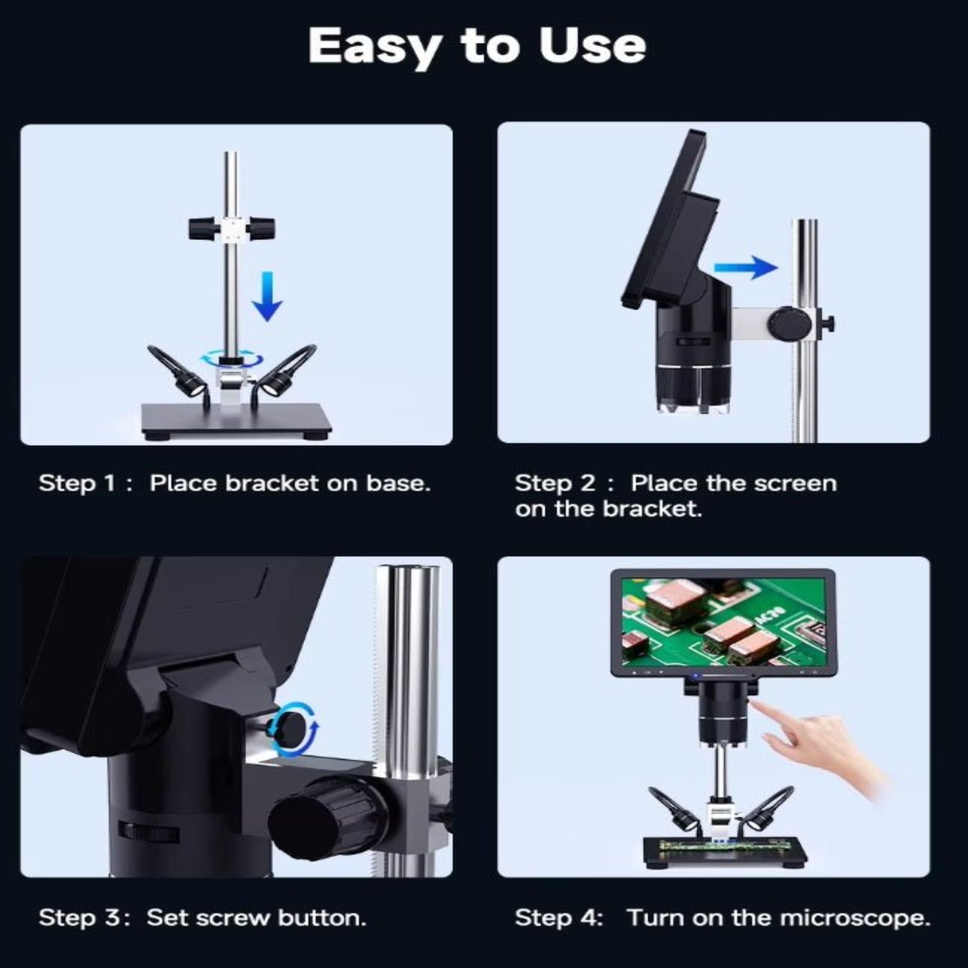 Guide to setting up the 10.1" HDMI digital microscope with four easy steps.