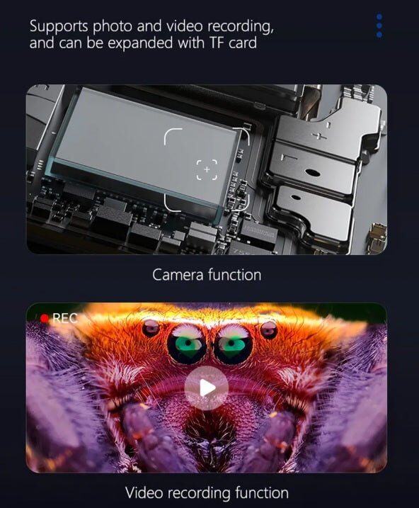 500X Portable Digital Microscope showing camera and video recording features for detailed microscopy.