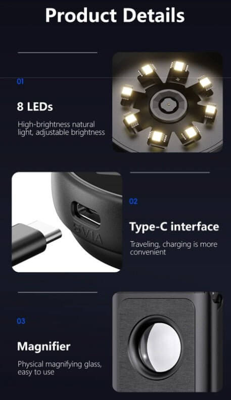 Product details of 500X portable digital microscope showing 8 LEDs, Type-C interface, and magnifier features.