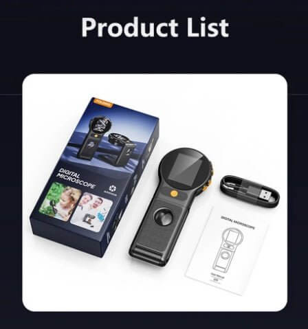 500X portable digital microscope with accessories and packaging, showcasing design and features.