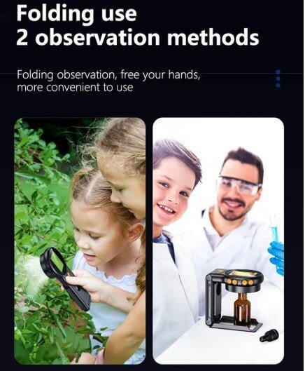Children using a portable microscope outdoors and a scientist demonstrating a lab setup, highlighting versatile observation methods.