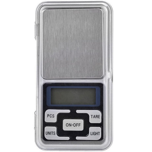 Top-down view of the digital pocket scale with its protective lid open, displaying the stainless steel platform and control buttons.