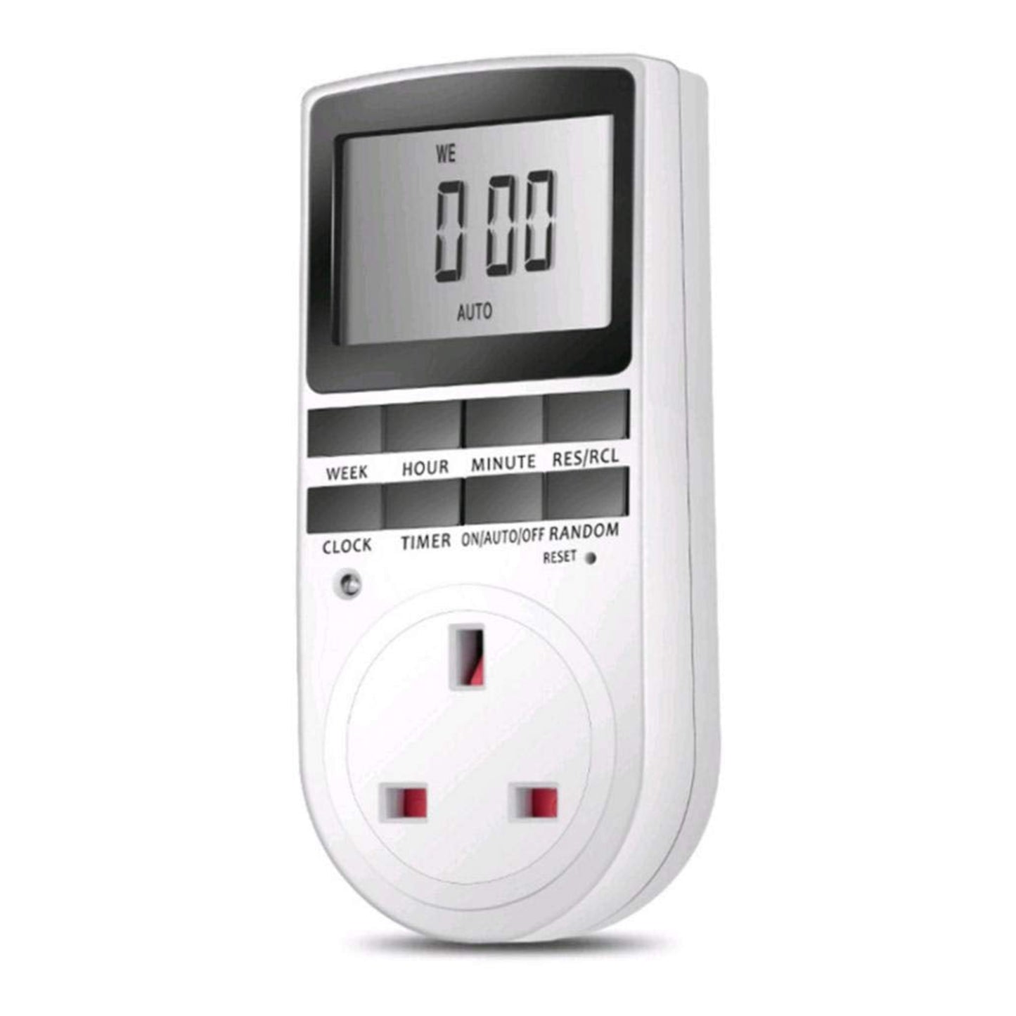 Front view of the digital programmable timer plug socket showing the UK 3-pin outlet and clear LCD display.