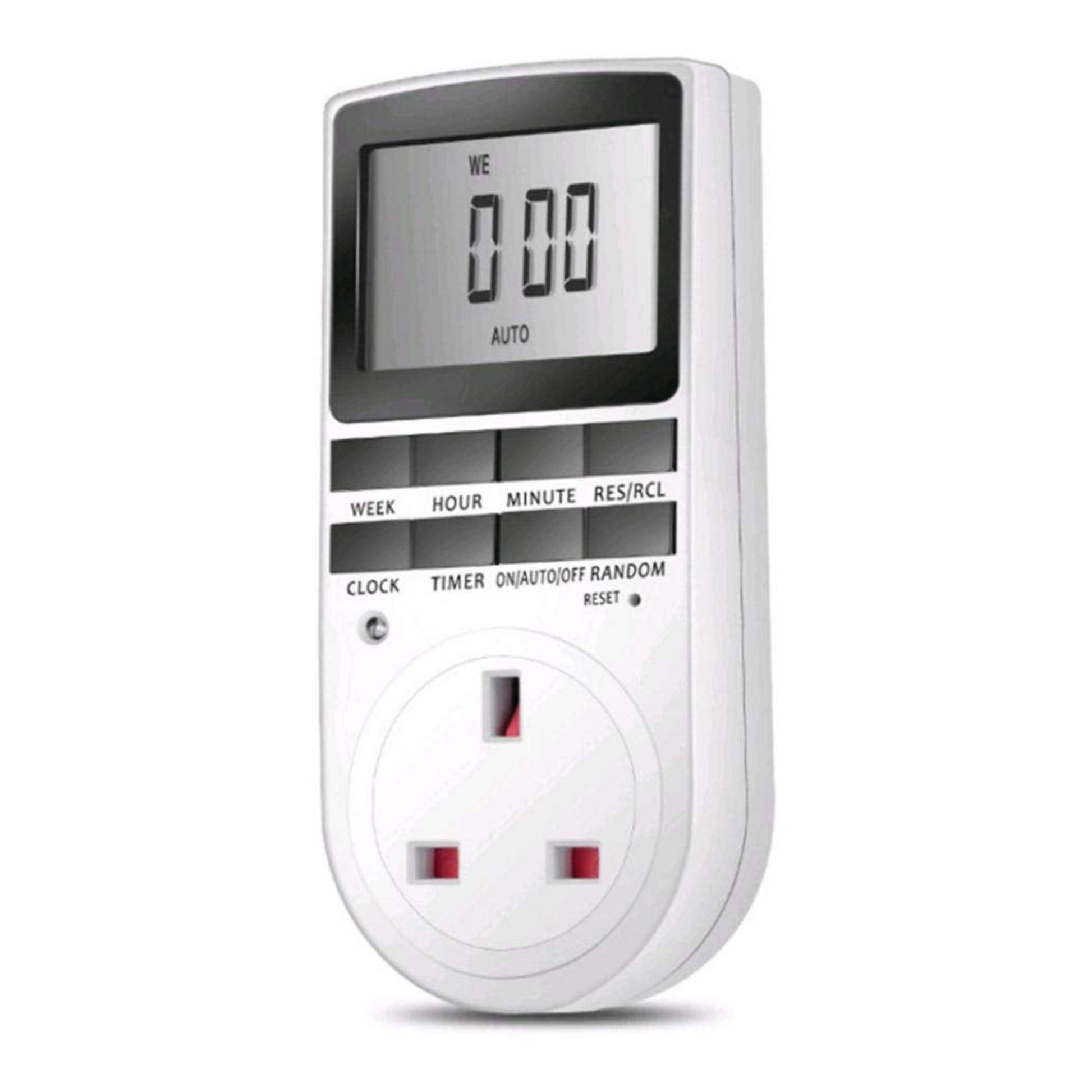 Front view of the digital programmable timer plug socket showing the UK 3-pin outlet and clear LCD display.