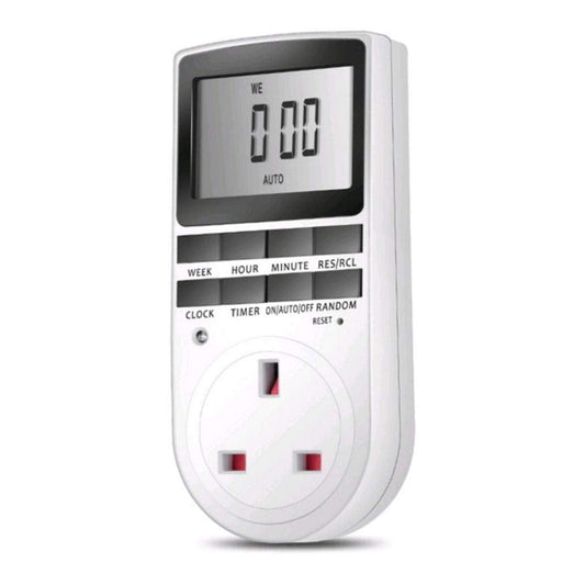 Front view of the digital programmable timer plug socket showing the UK 3-pin outlet and clear LCD display.