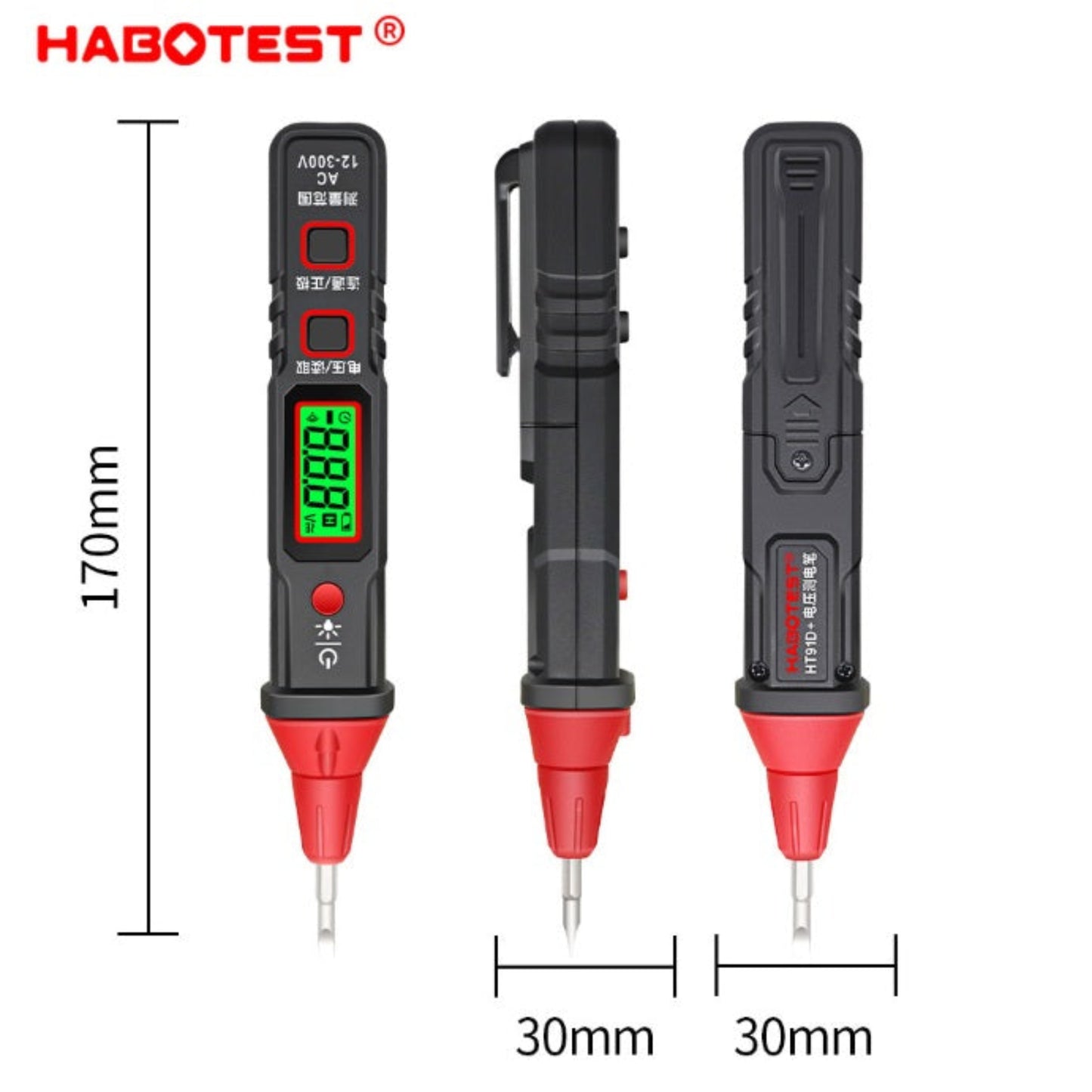 Triple view of HT91D+ showing 170mm length and 30mm width dimensions for portability.