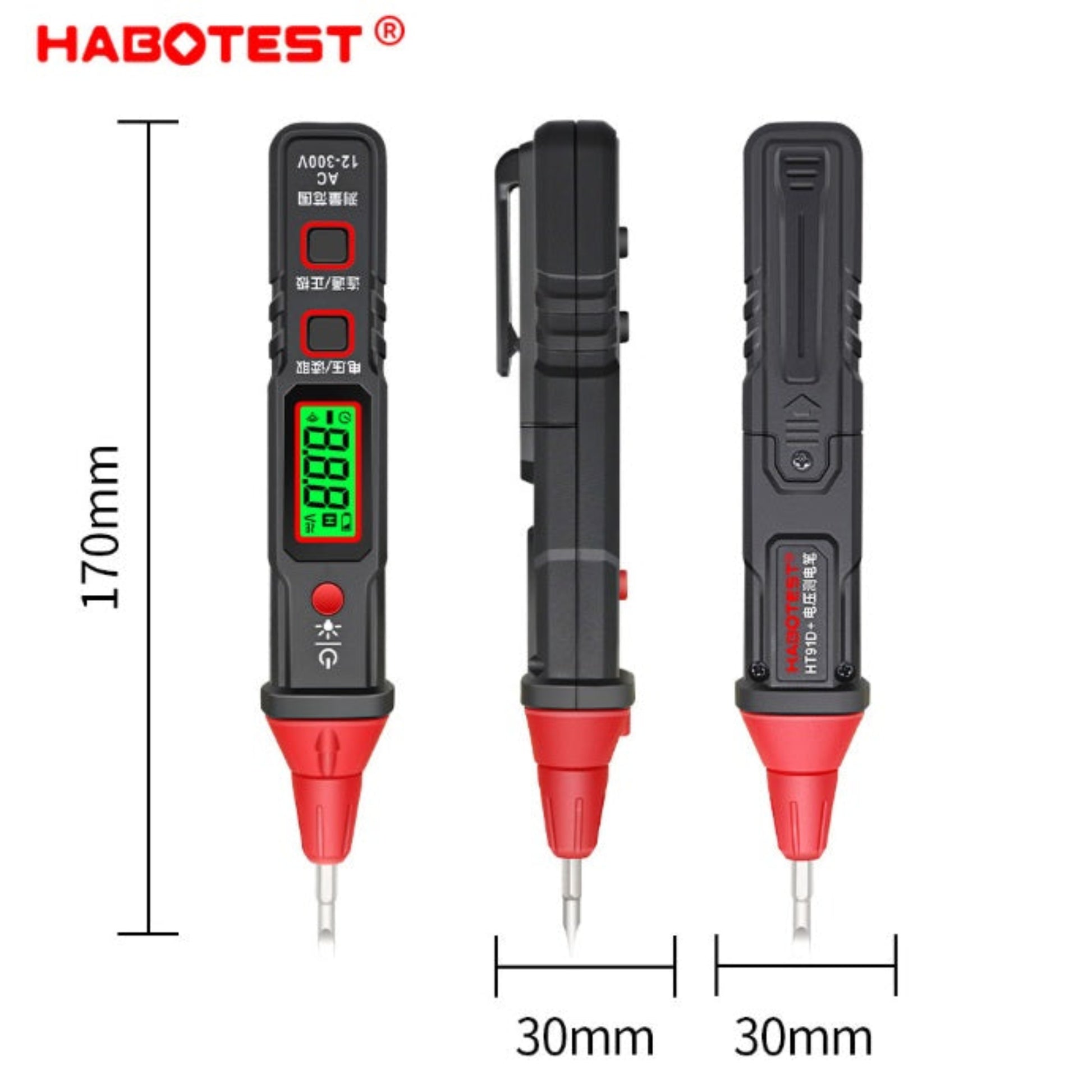 Triple view of HT91D+ showing 170mm length and 30mm width dimensions for portability.