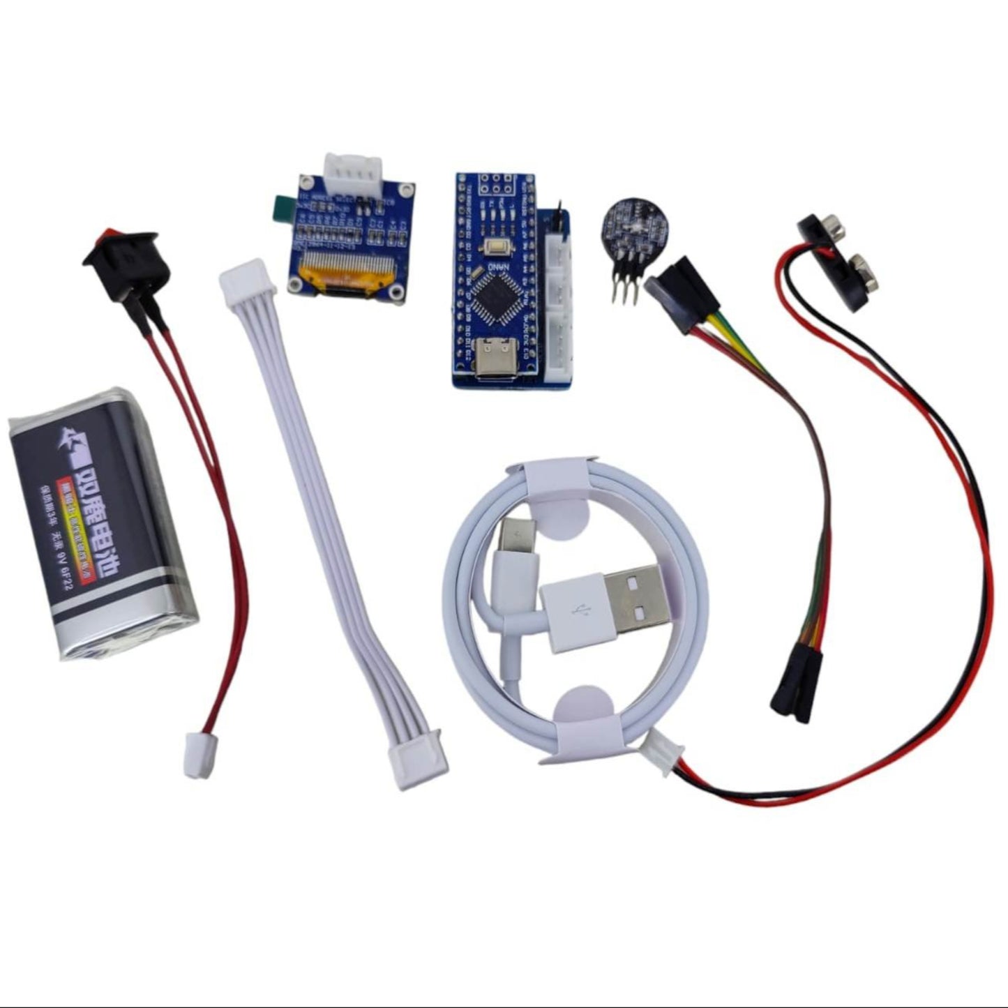 Heart Rate Monitoring Module for Arduino kit including components like LEDs, battery, and connection cables for DIY projects.