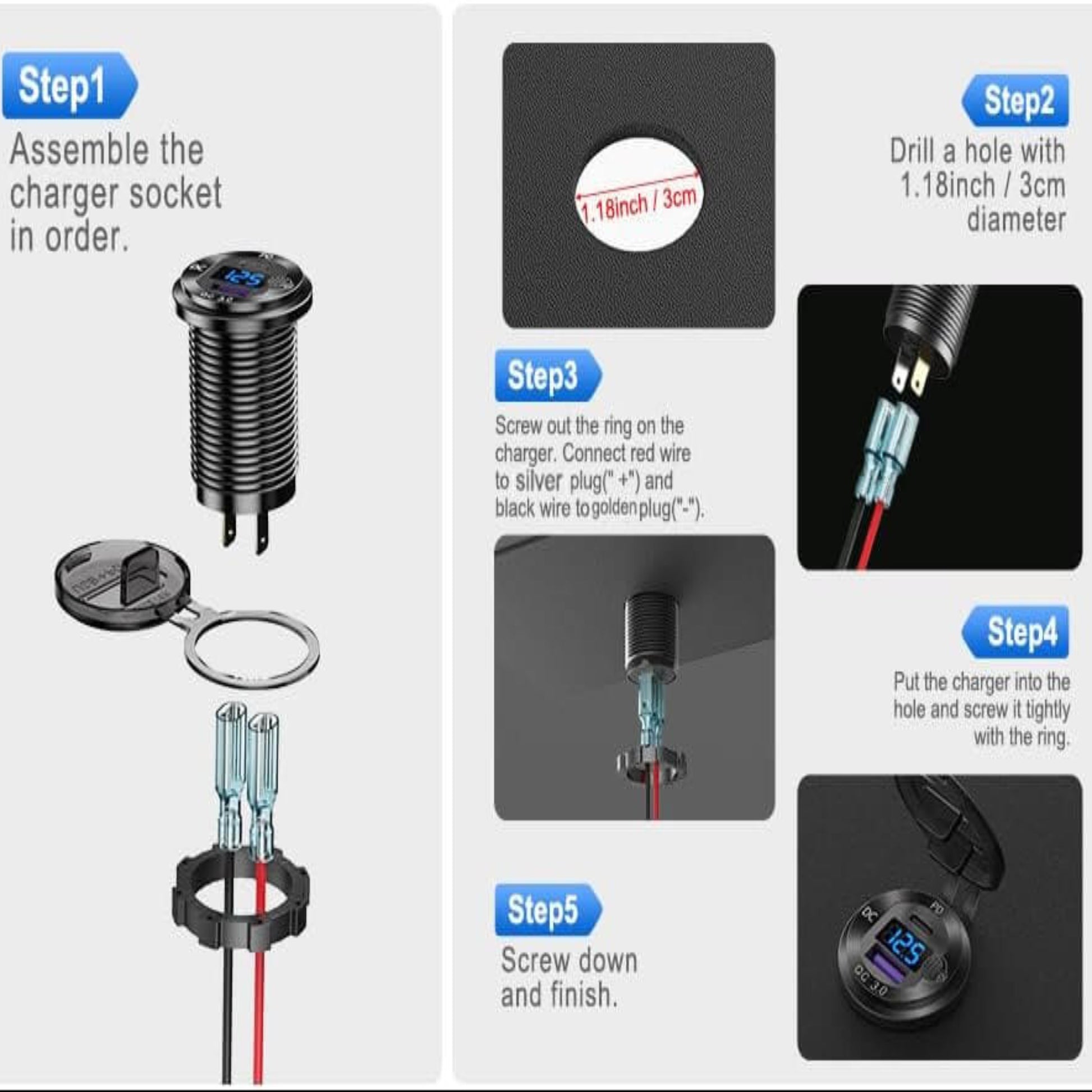 Step-by-step installation guide for Aluminum Car Charger with voltmeter and wiring instructions.