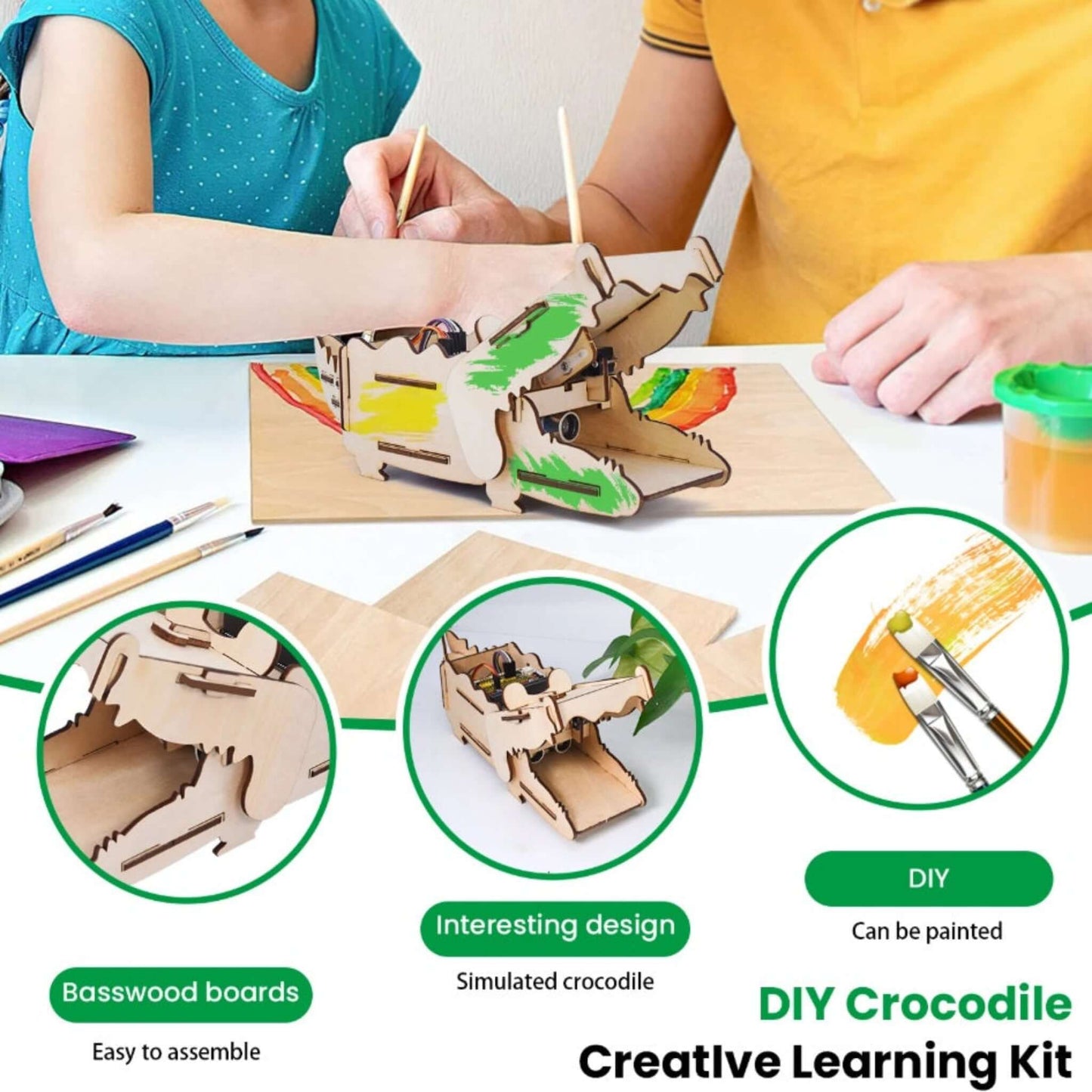 A montage showing the easy-to-assemble basswood boards, the simulated crocodile design, and that the kit can be painted.