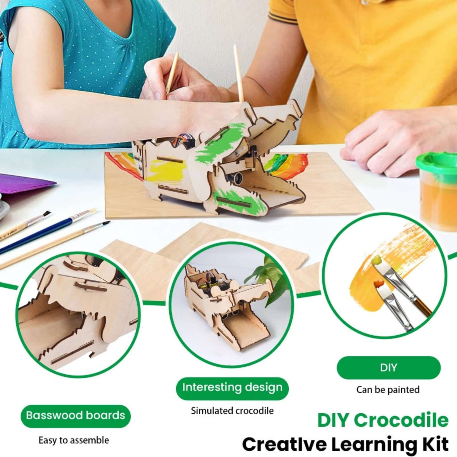 A montage showing the easy-to-assemble basswood boards, the simulated crocodile design, and that the kit can be painted.