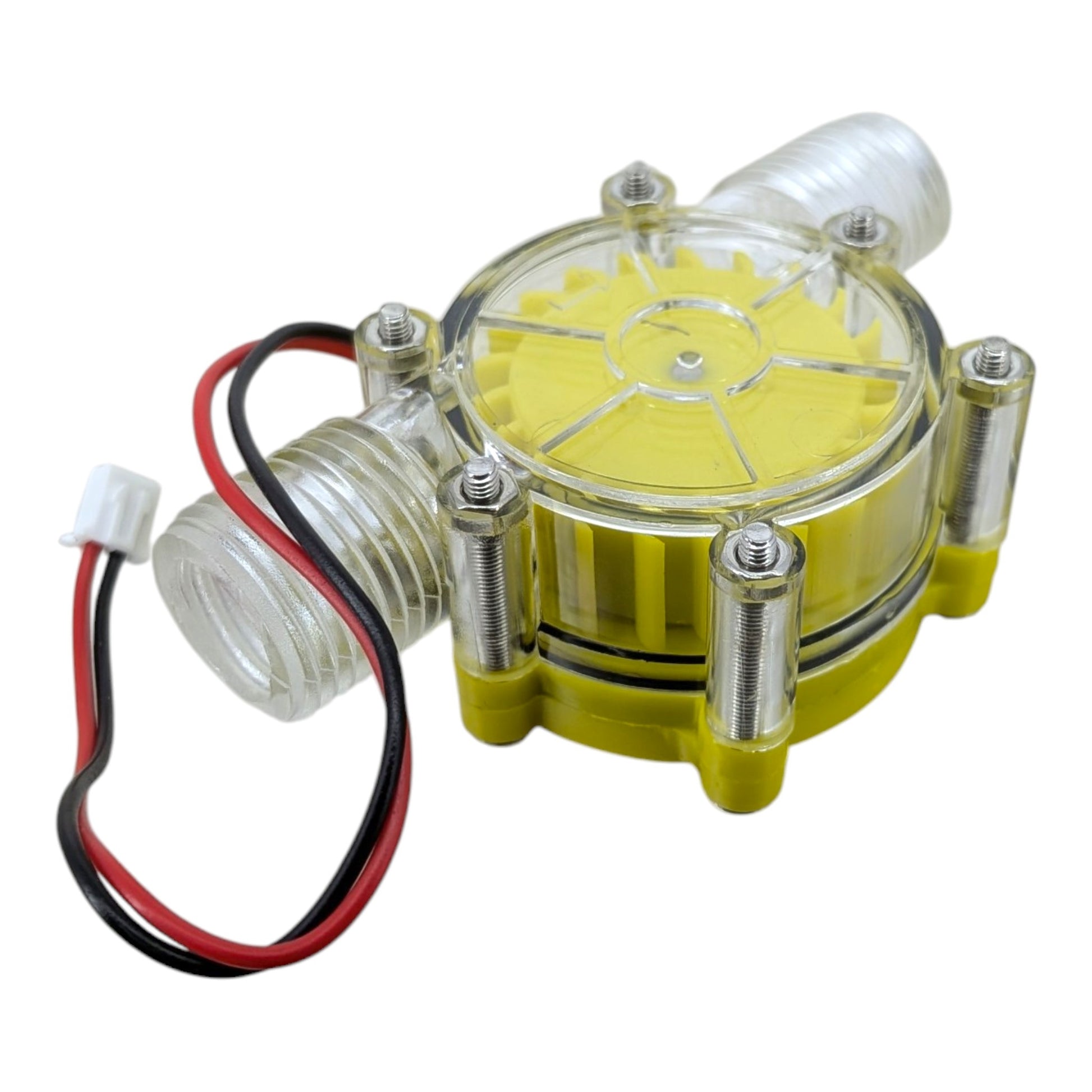 The DC water flow generator installed in a smart irrigation system, converting water pressure into electricity for IoT sensors.