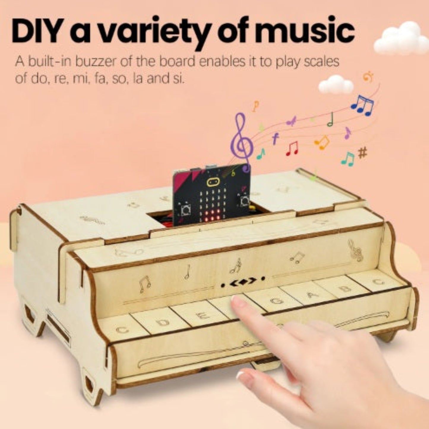 A user pressing the basswood keys on the DIY Button Piano Kit to play musical scales using the built-in buzzer.