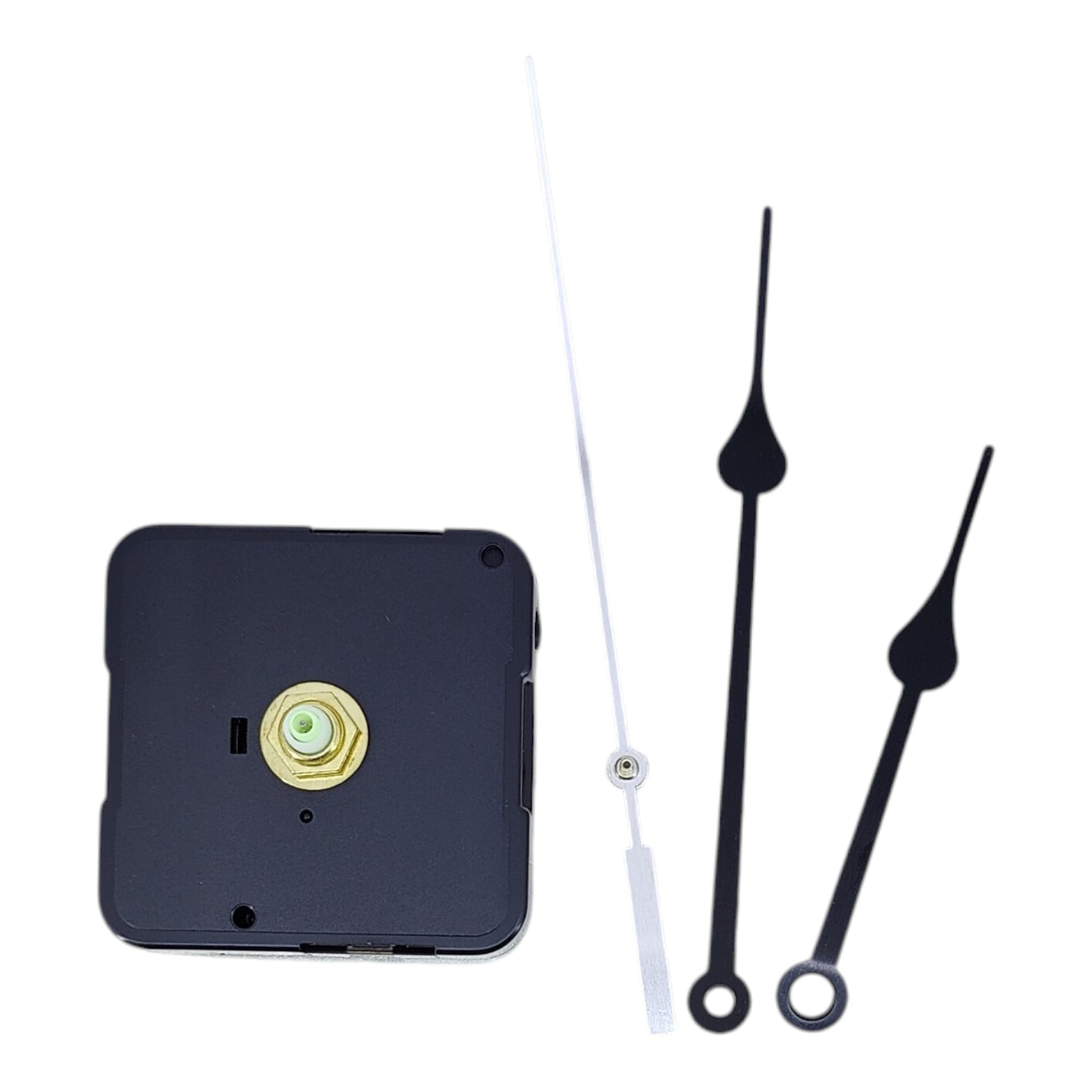 Top view of black DIY quartz clock movement mechanism.