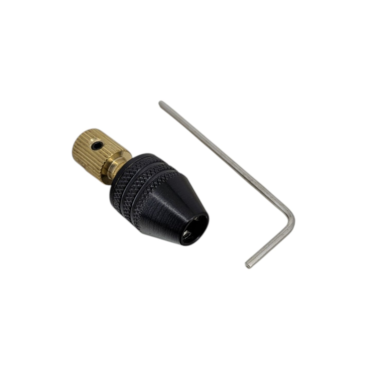 Mini drill chuck adapter displayed next to the included Allen wrench, used for securing the set screw to a motor shaft.