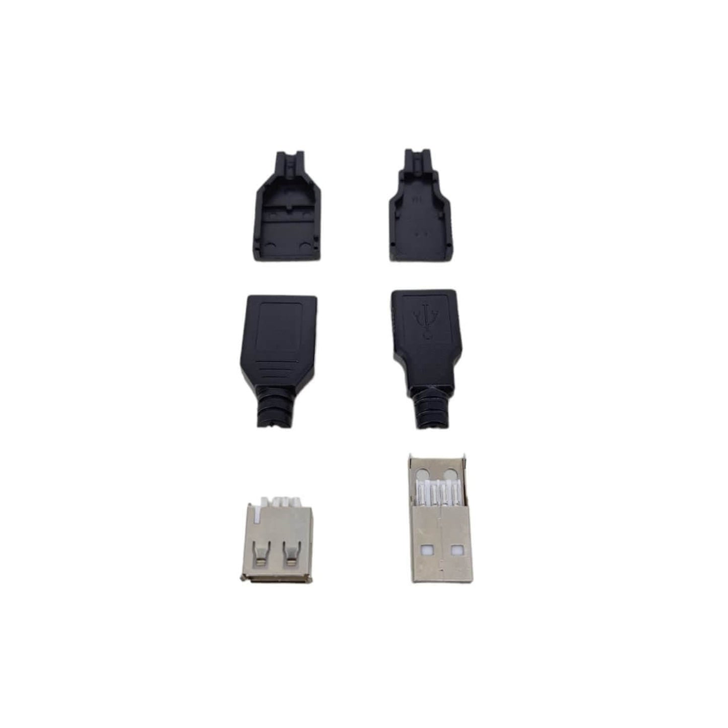 DIY USB connector parts including Type A male and female plugs with black plastic covers.