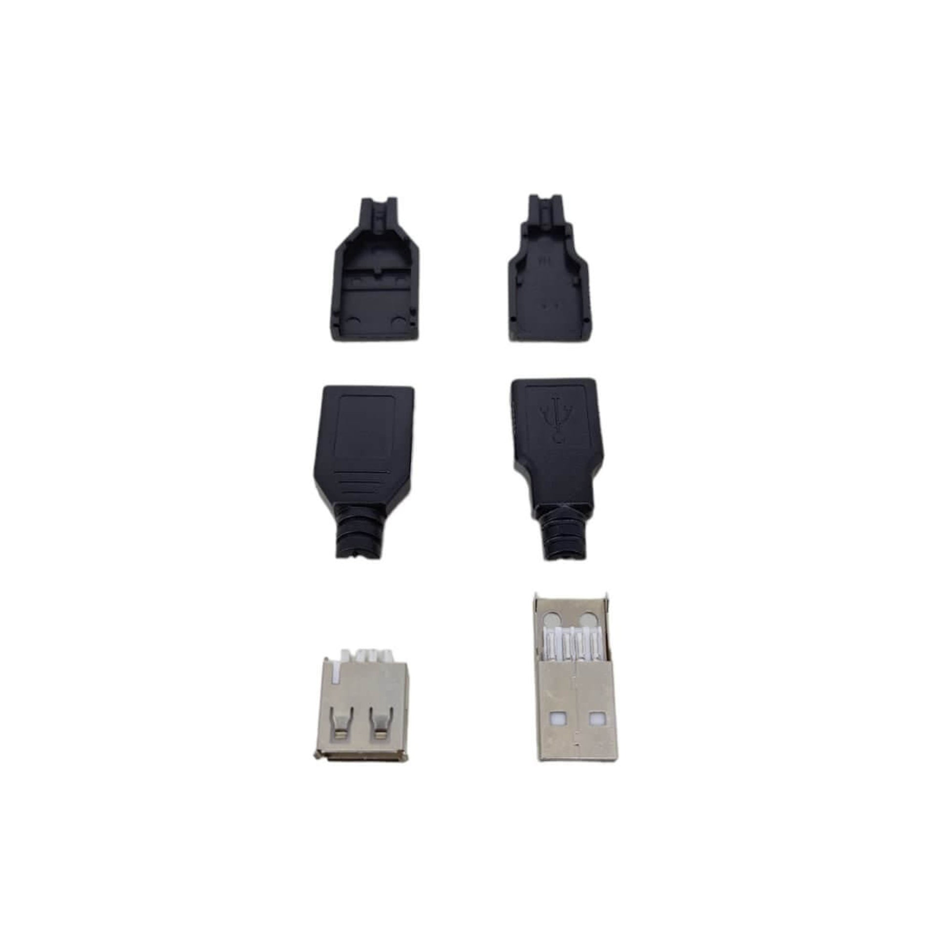 DIY USB connector parts including Type A male and female plugs with black plastic covers.
