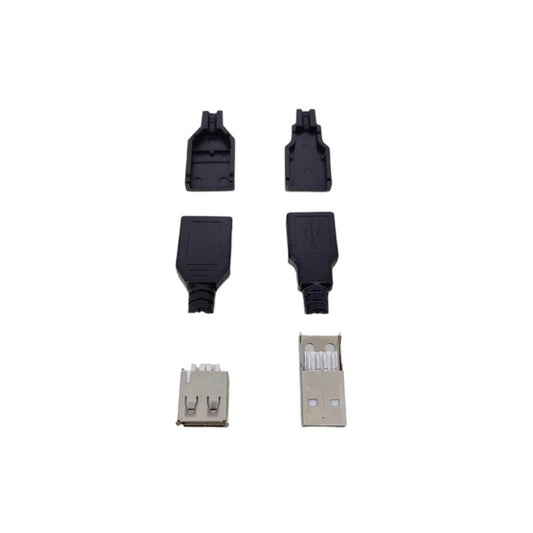 DIY USB connector parts including Type A male and female plugs with black plastic covers.