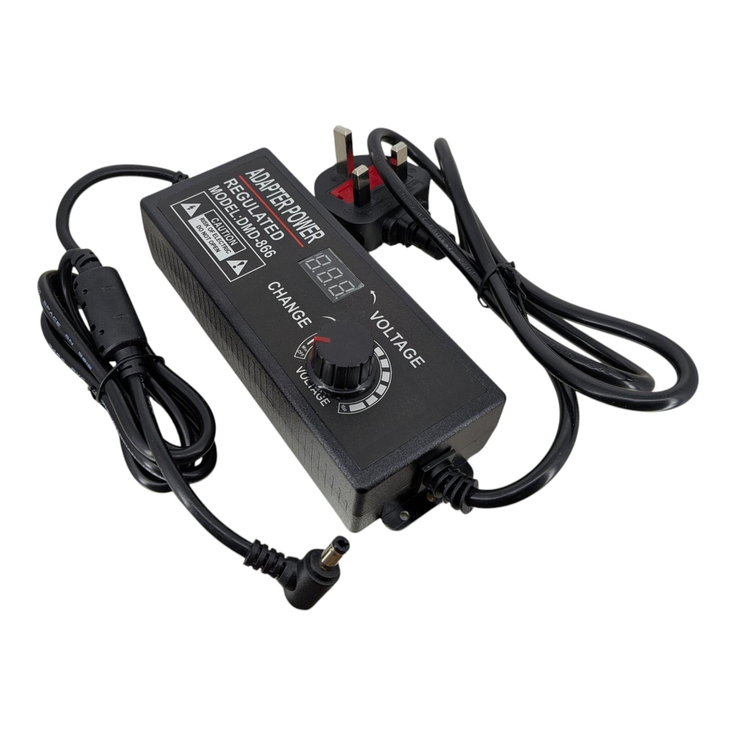 Front view of the DMD-866 universal adjustable DC power adapter with voltage knob and digital LED display.