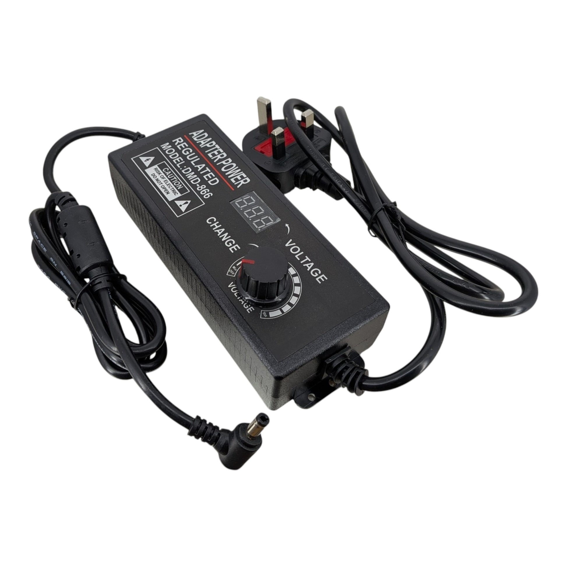 Front view of the DMD-866 universal adjustable DC power adapter with voltage knob and digital LED display.