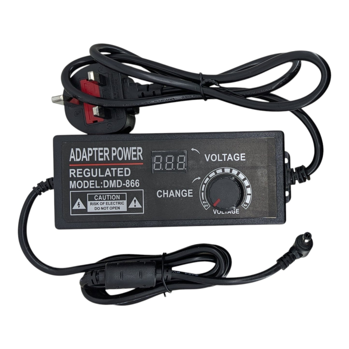 Close-up of the rotary voltage control knob on the DMD-866 power supply, showing adjustable settings.