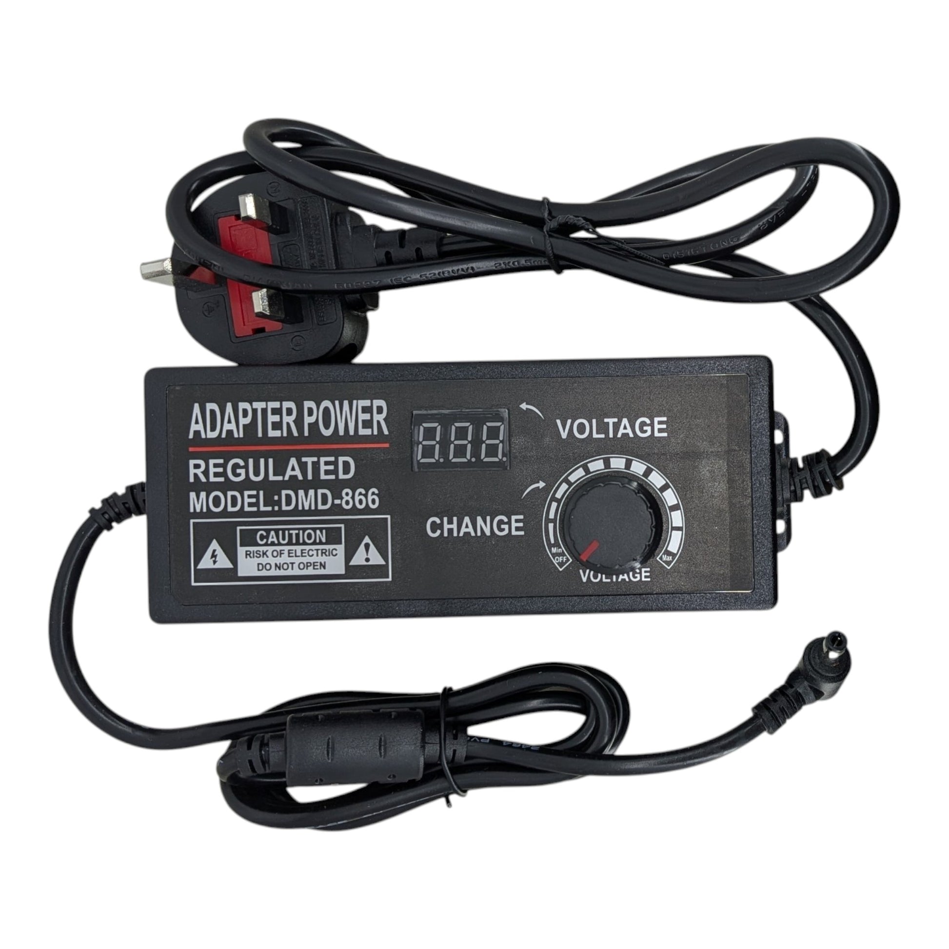 Close-up of the rotary voltage control knob on the DMD-866 power supply, showing adjustable settings.
