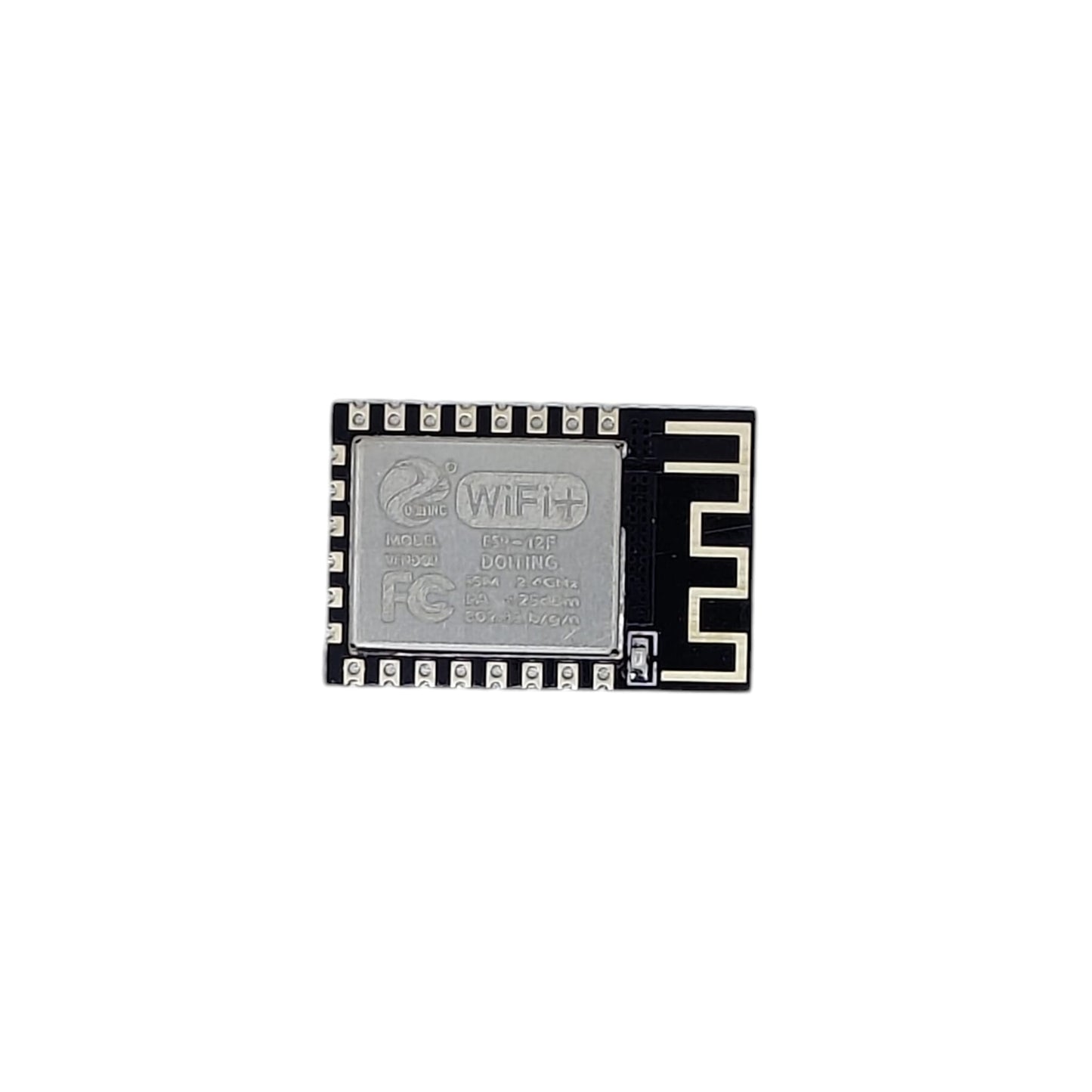 Front view of the DOITING ESP-12F WiFi module showing the metal shield and PCB antenna.