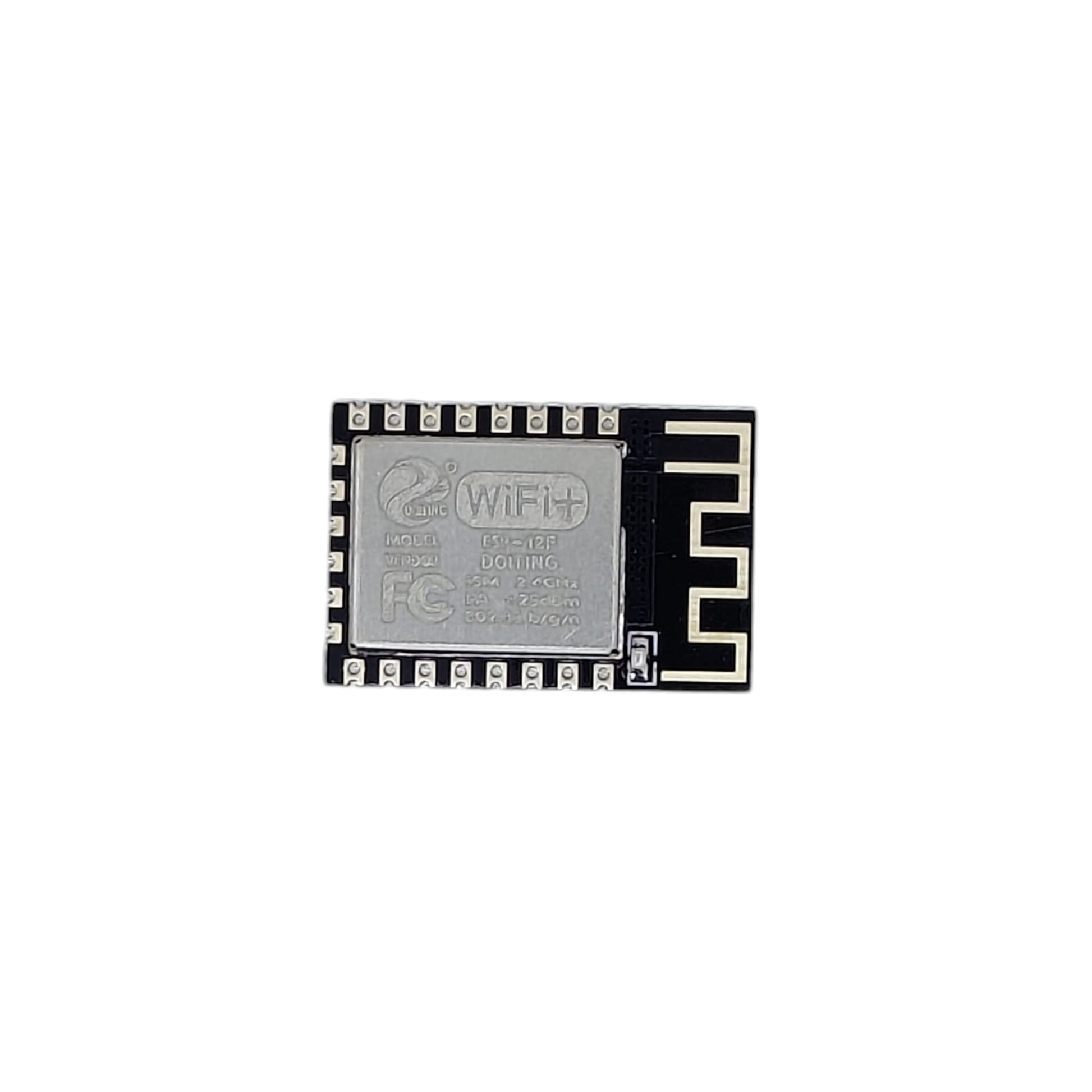 Front view of the DOITING ESP-12F WiFi module showing the metal shield and PCB antenna.
