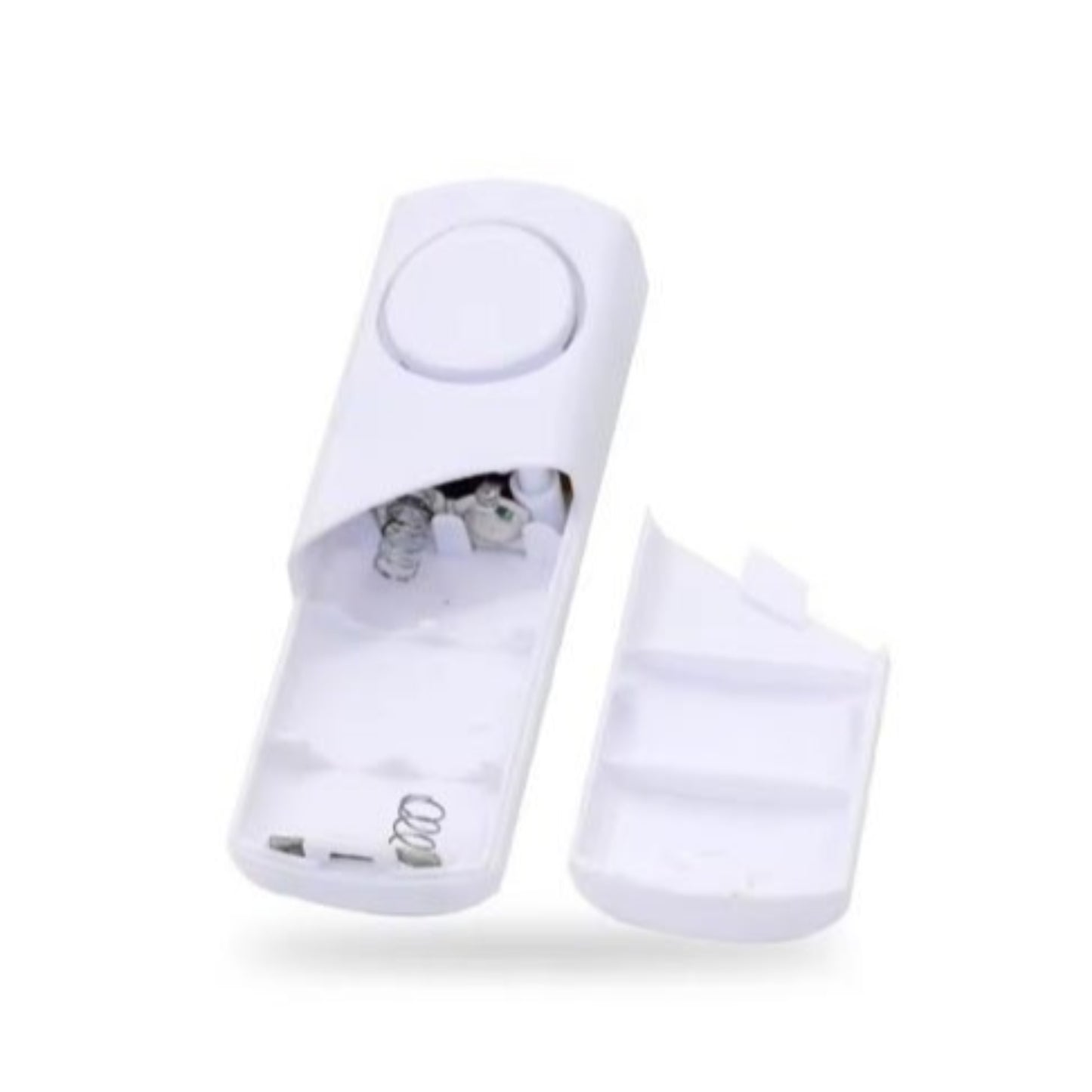 Wireless door window alarm sensor unit with open cover and battery compartment for home security.