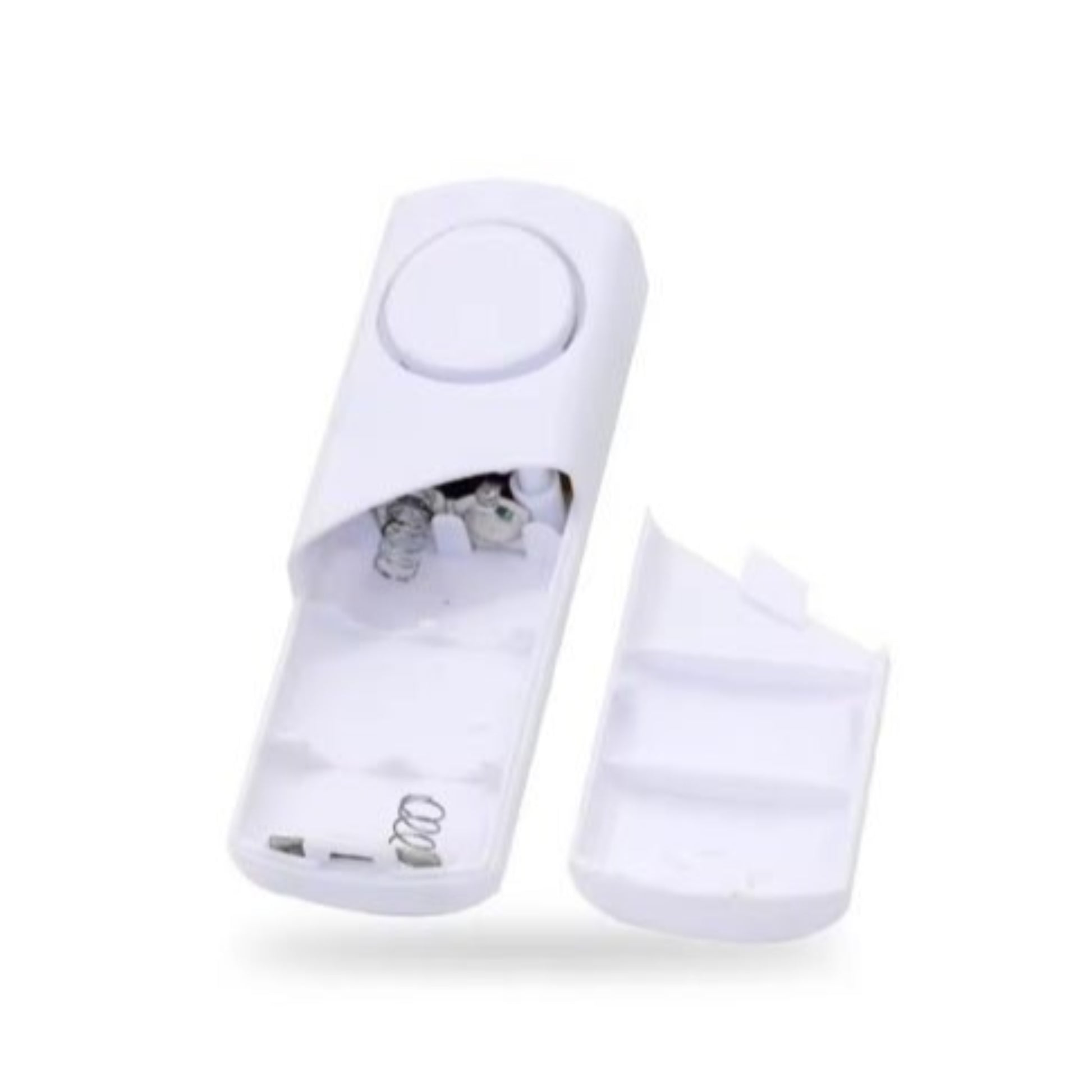 Wireless door window alarm sensor unit with open cover and battery compartment for home security.