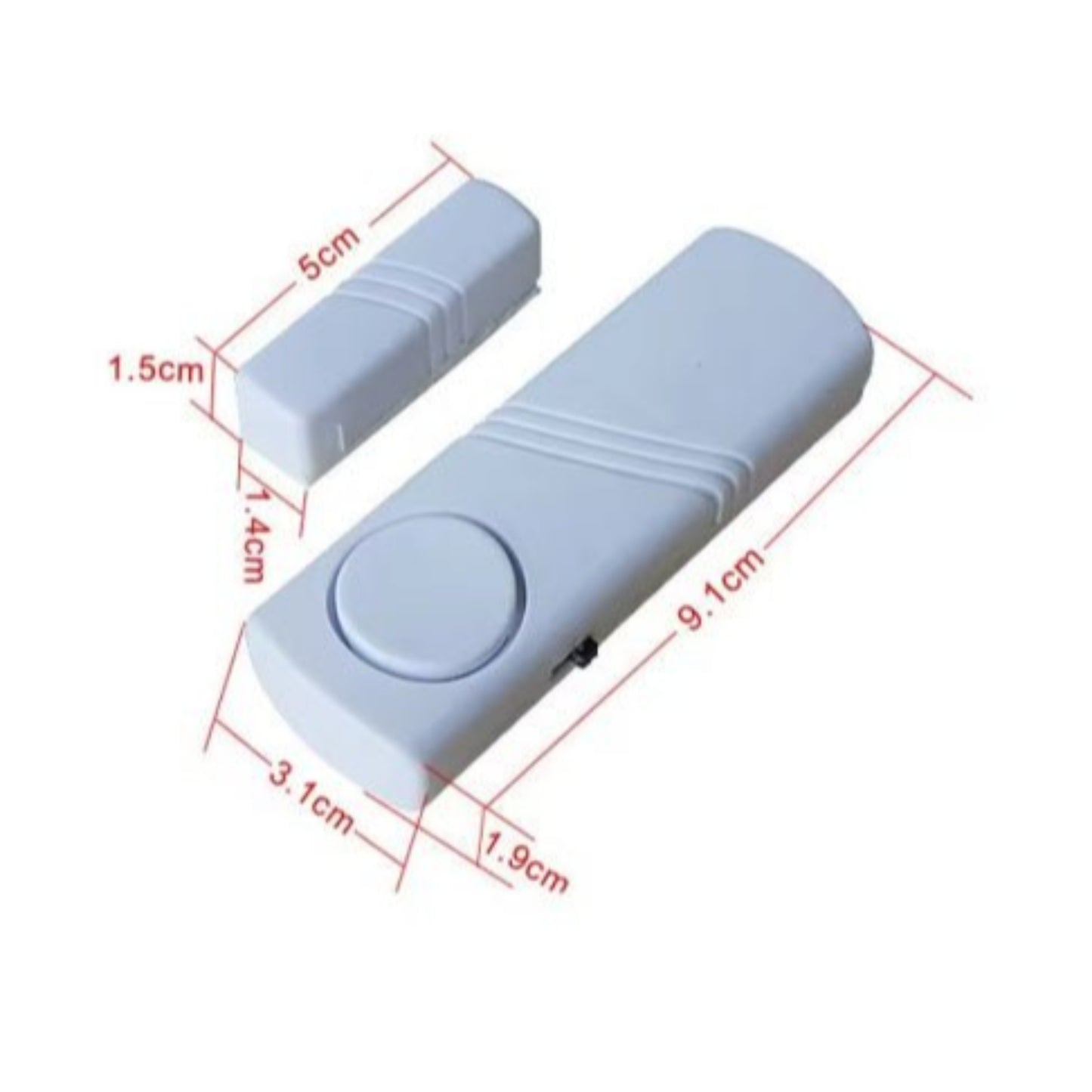 Compact wireless door window alarm with magnetic sensor for home security protection.