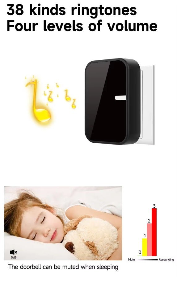 Self-powered wireless doorbell with 38 ringtones and adjustable volume levels, ideal for any home.