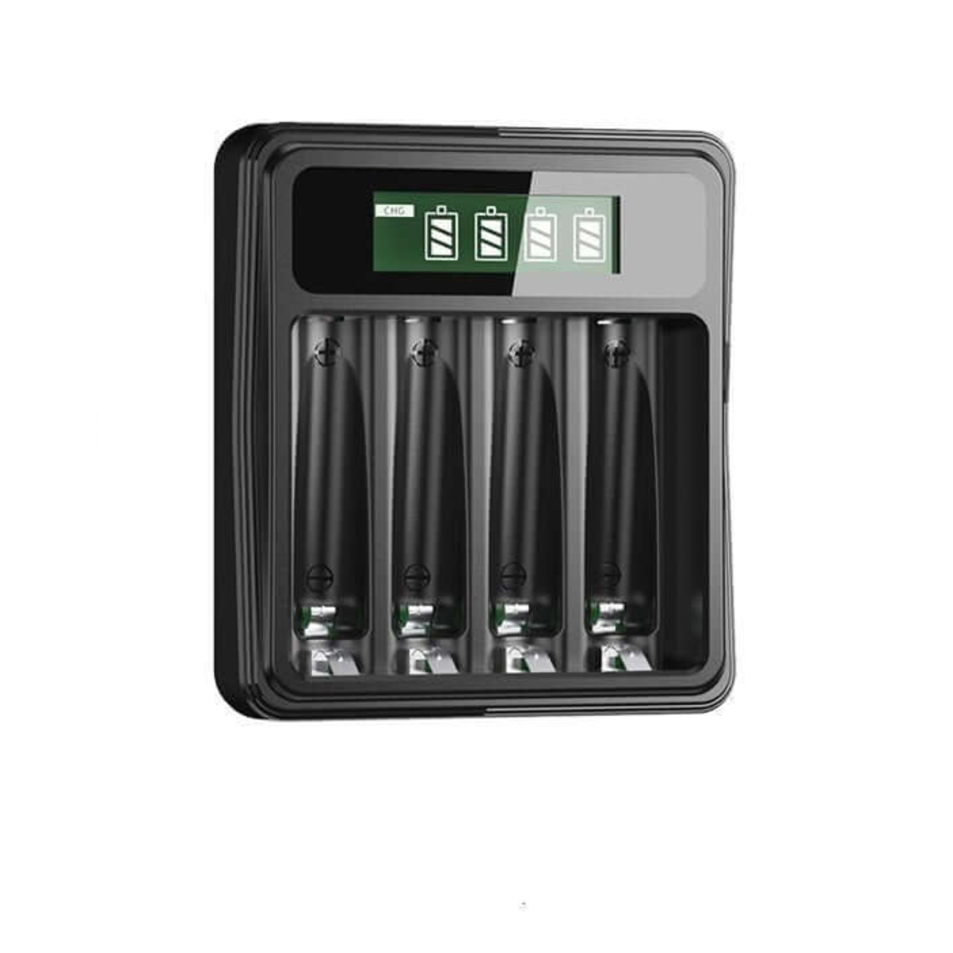 Doublepow 倍量 4 槽智能 AA/AAA 電池充電器正面，配備 LCD 顯示屏。