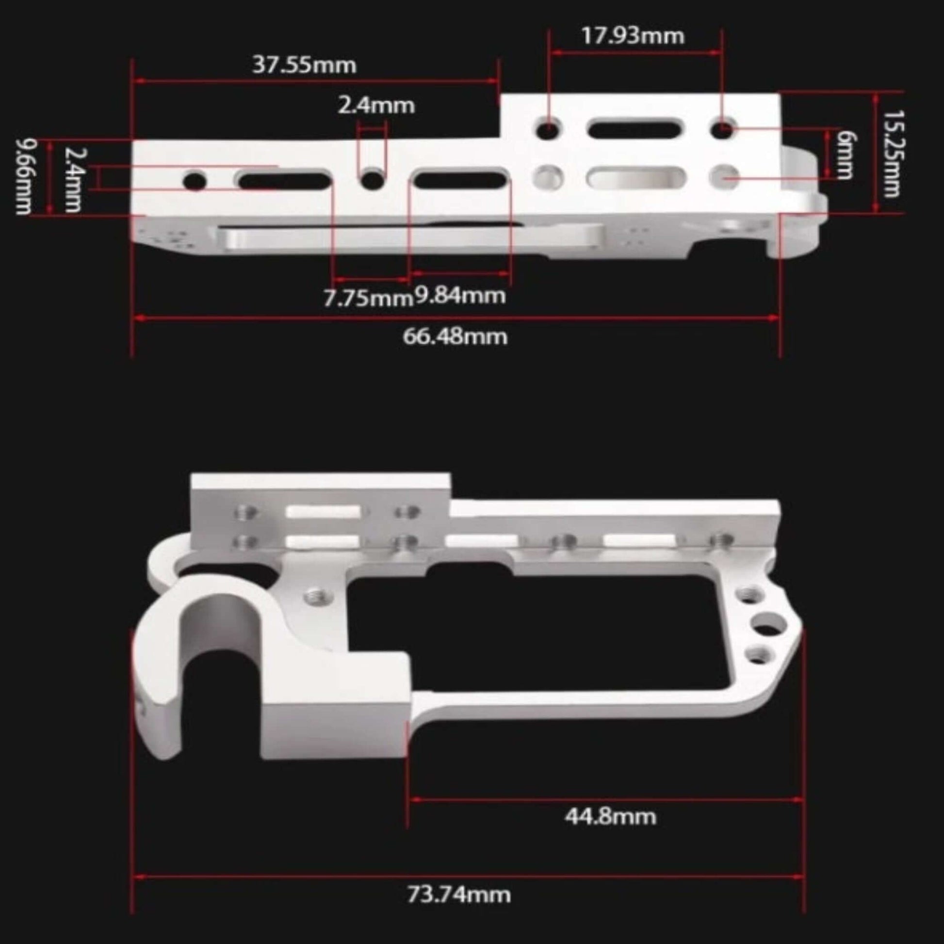 Precise dimensions of the drone throw device aluminum bracket, showing various hole and edge measurements.