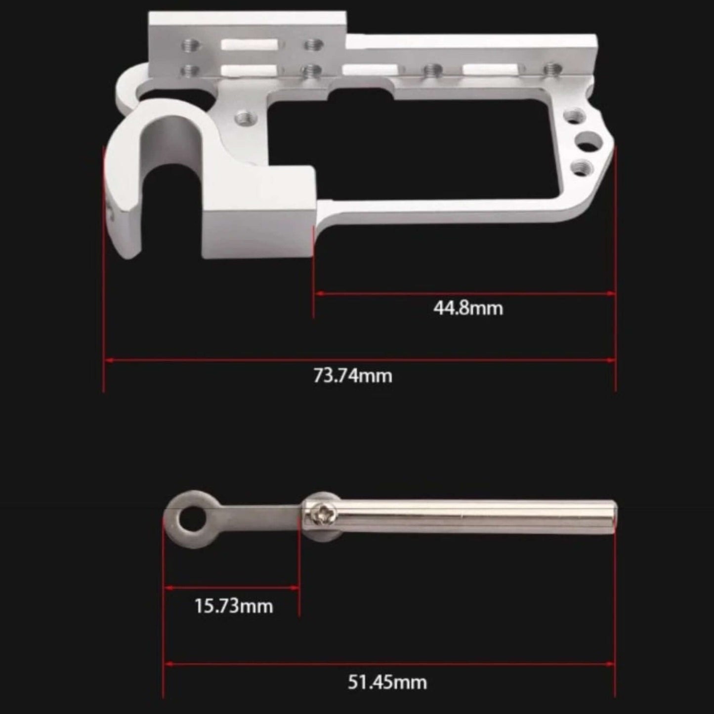 Detailed measurements of the drone throw device aluminum bracket (73.74mm length) and pushrod (51.45mm length).