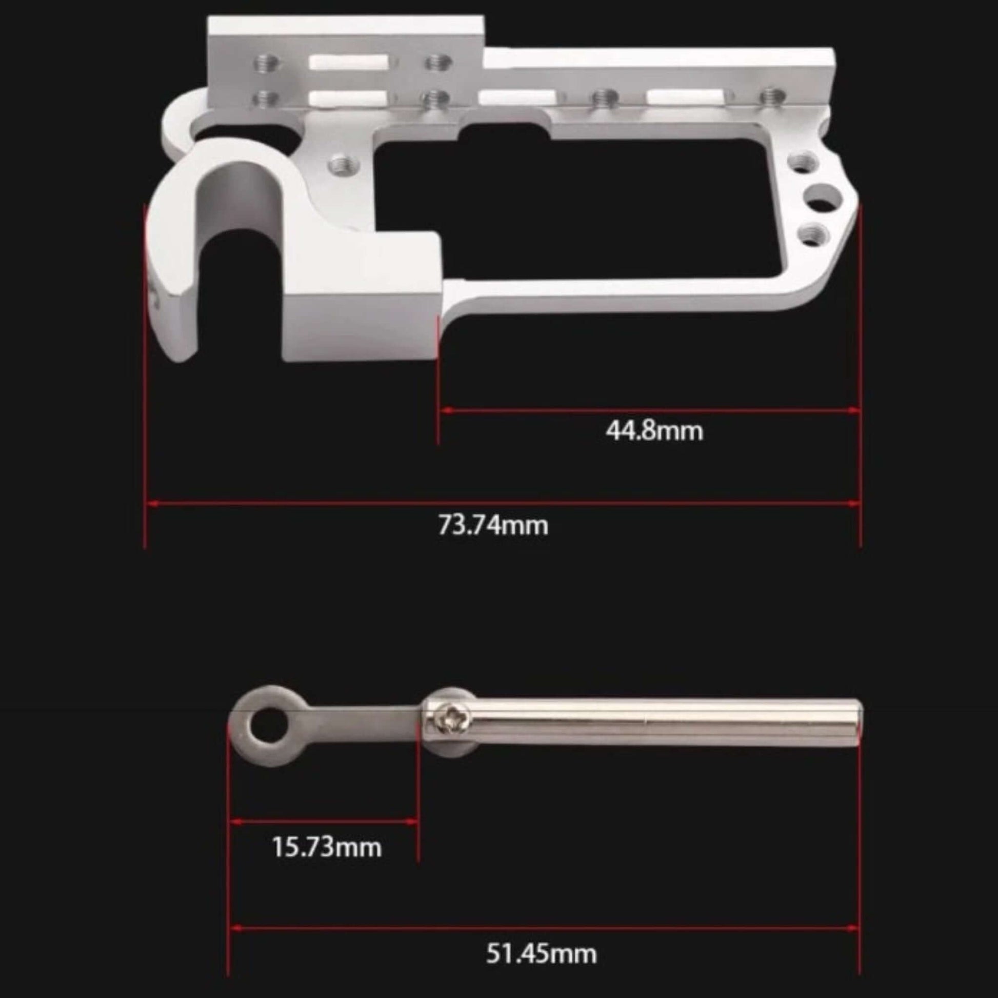 Detailed measurements of the drone throw device aluminum bracket (73.74mm length) and pushrod (51.45mm length).