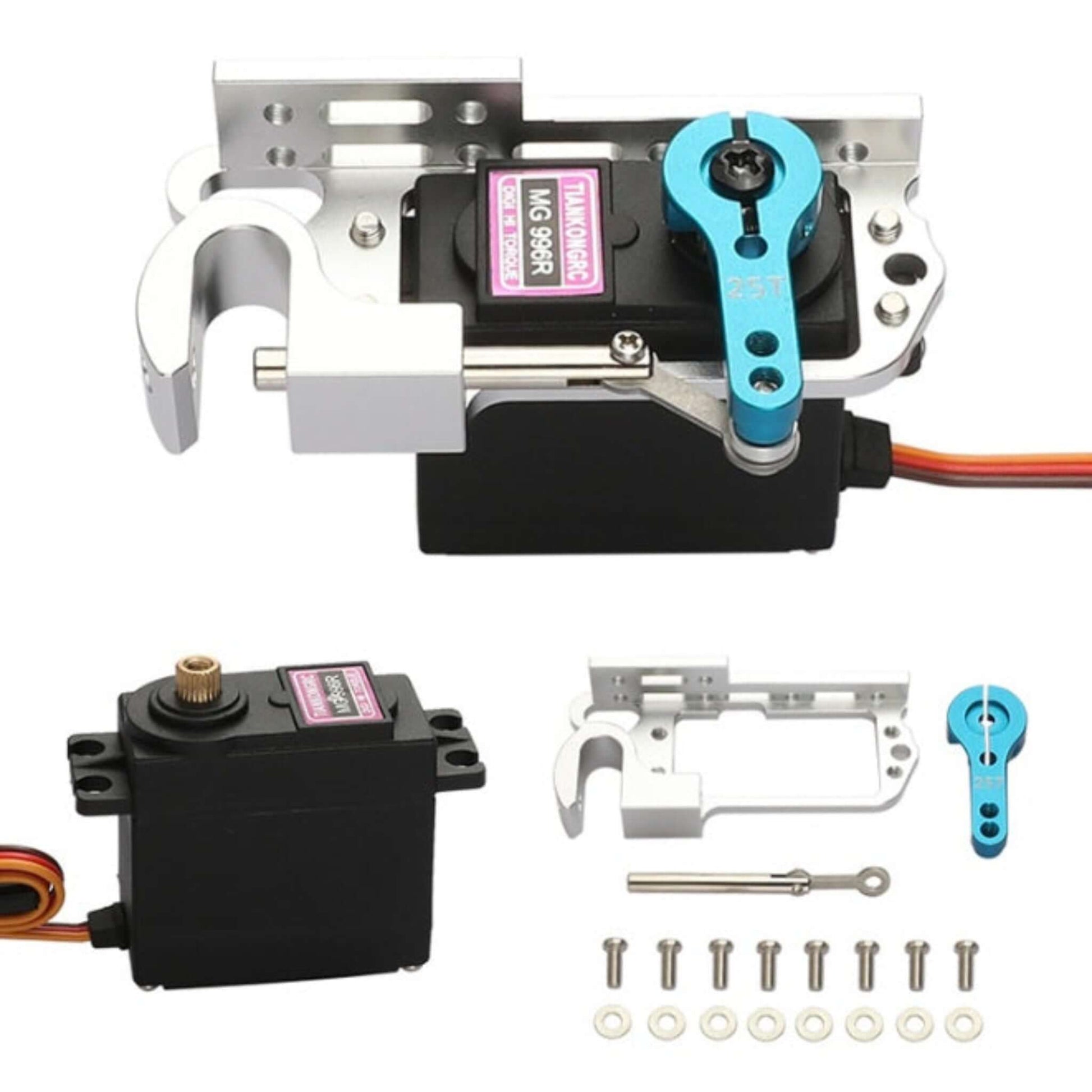Complete throw device kit and an assembled unit with MG996R servo, for RC cars and drone applications.