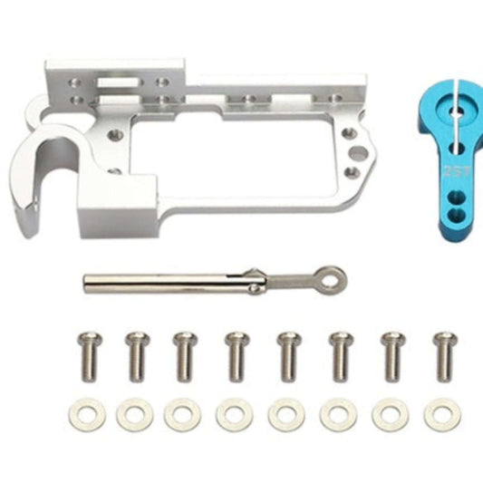 Components of a drone throw device kit: aluminum bracket, 25T servo arm, pushrod, screws, and washers.