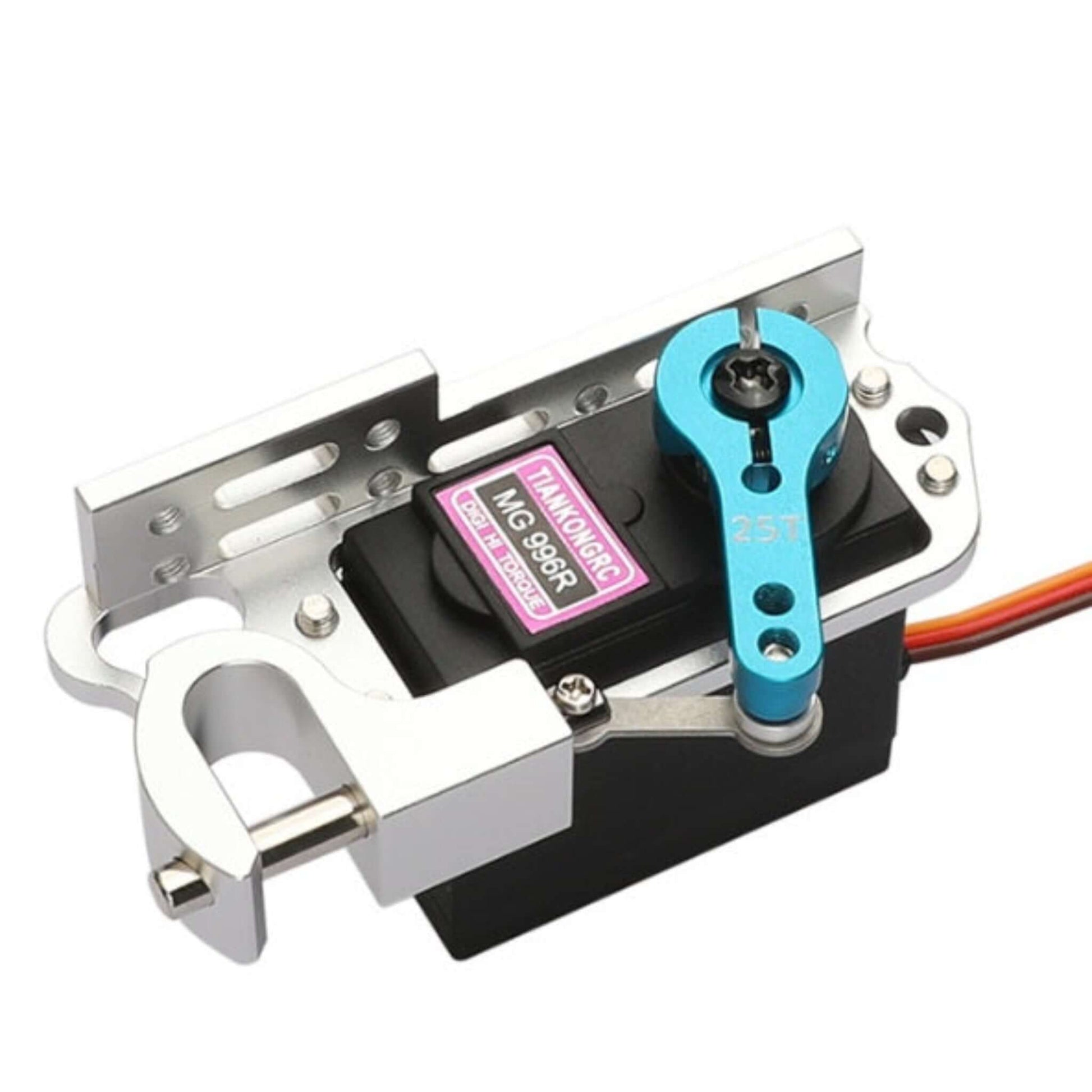 Assembled drone throw device with MG996R servo and blue 25T servo arm, ideal for RC vehicles and drones.
