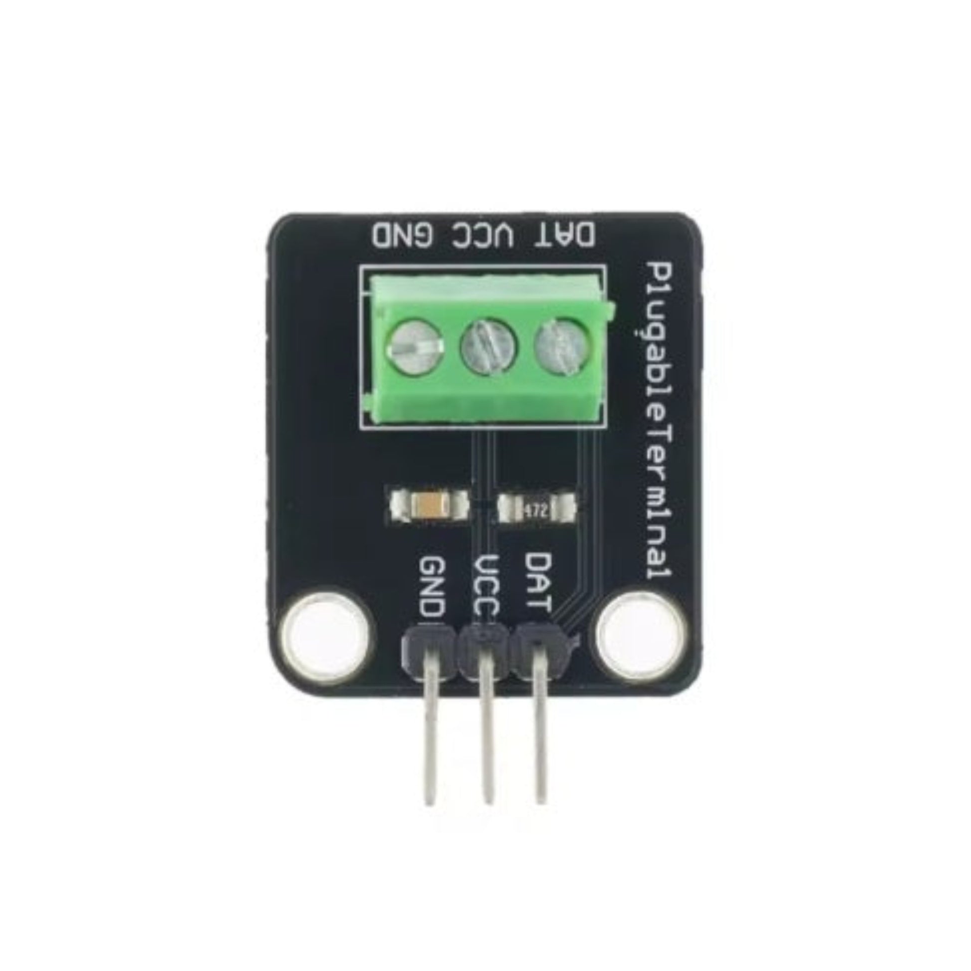 DS18B20 Adapter Module featuring a green pluggable terminal block and built-in 4.7k pull-up resistor for easy Arduino connection.