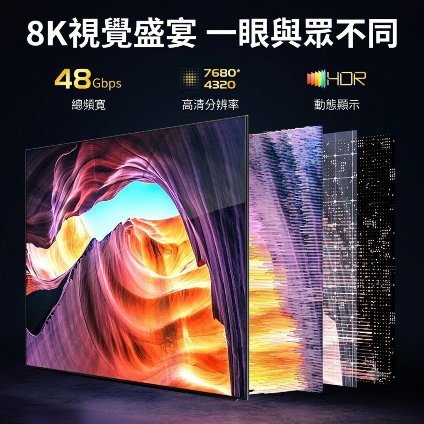 支援 8K 7680x4320 極高解像度及 48Gbps 總頻寬，配合動態 HDR 呈現極致細膩的視覺盛宴。
