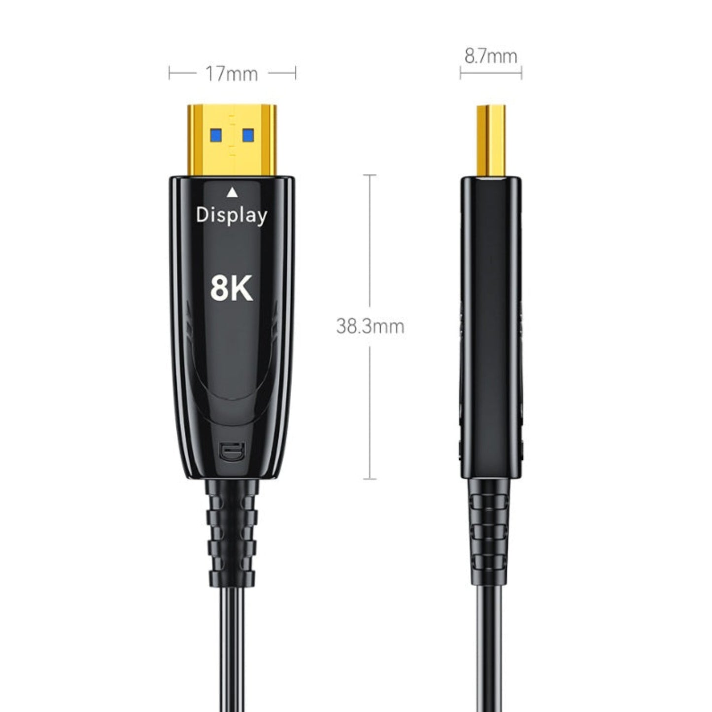 8K 光纖線 HDMI 鍍金接頭尺寸圖，接頭寬度僅 17mm，設計精巧便於工程穿管及暗線佈置。