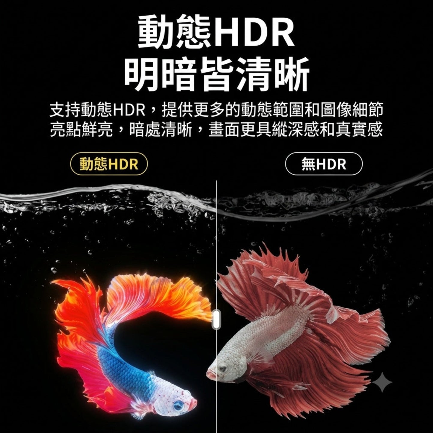 支援動態 HDR 技術，對比一般畫面提供更廣闊動態範圍，令熒幕顯示暗處清晰、亮點鮮明。