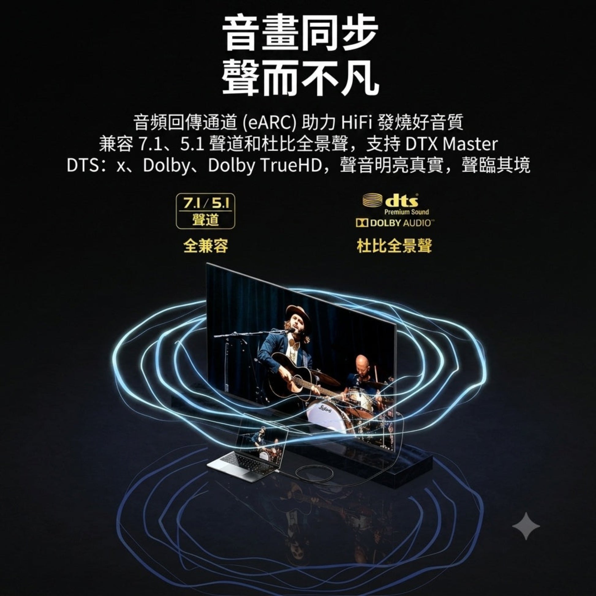 支援 eARC 音頻回傳，兼容 7.1/5.1 聲道、杜比全景聲 (Dolby) 及 DTS，為家庭影院提供高保真音質。